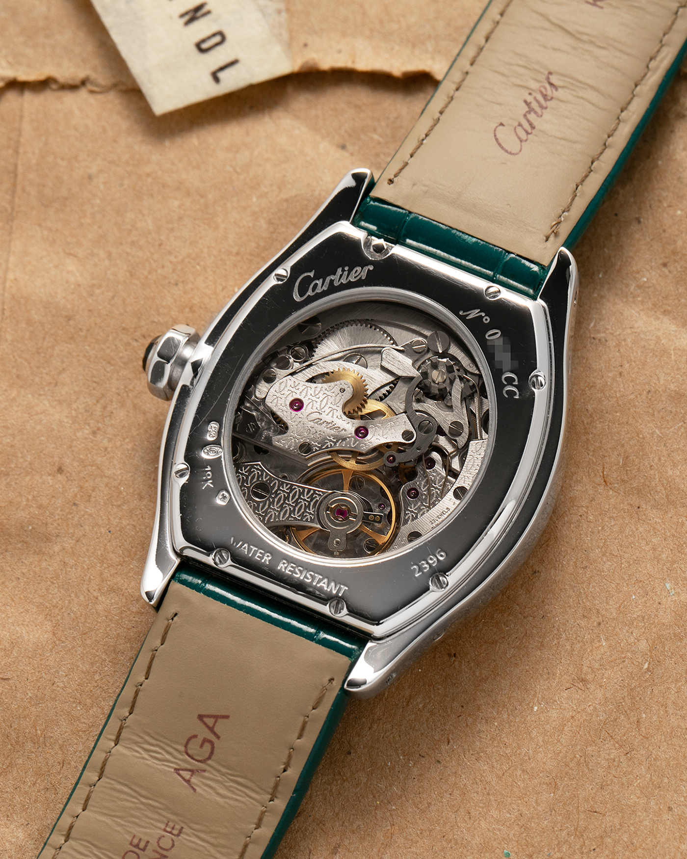 Brand: Cartier
Year: 2000’s
Model: Collection Privée Cartier Paris Tortue Monopoussoir
Reference: 2396
Material: 18k White Gold
Movement: Cartier THA Cal. 045MC, Manual-Winding
Case Diameter: 43mm X 34mm
Lug Width: 18mm
Strap: Cartier Teal Alligator Leather Strap with Cartier 18-carat White Gold Deployant Clasp