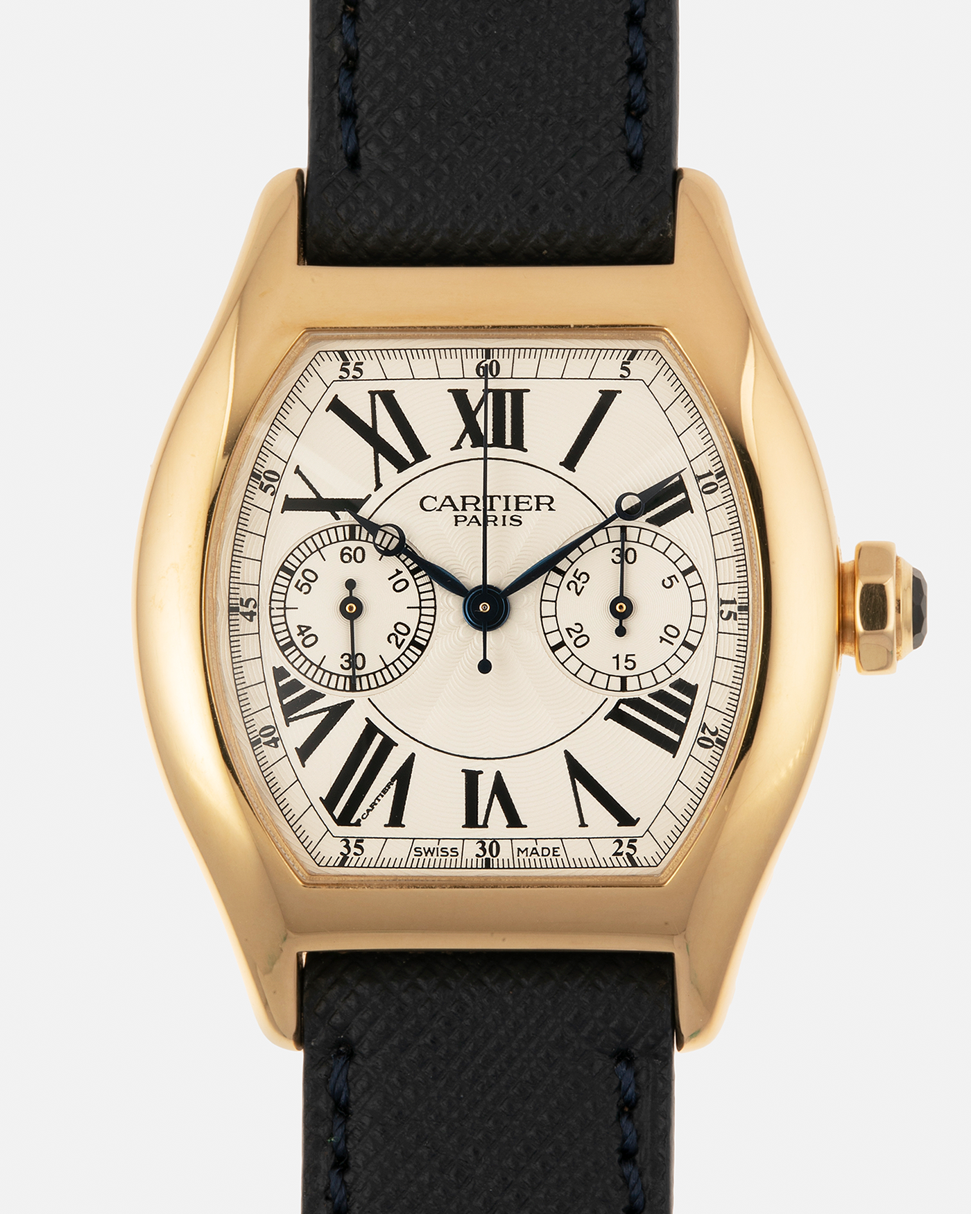Brand: Cartier
Year: 2008
Model: Collection Privée Cartier Paris Tortue Monopoussoir
Reference: 2356
Material: 18-carat Yellow Gold
Movement: Cartier THA Cal. 045MC, Manual-Winding
Case Diameter: 43mm (Lug-to-Lug) x 35 mm
Lug Width: 18mm
Strap: Molequin Navy Blue Textured Calf Leather with Signed 18-carat Yellow Gold Deployant Clasp, with additional Cartier Green Alligator Leather Strap