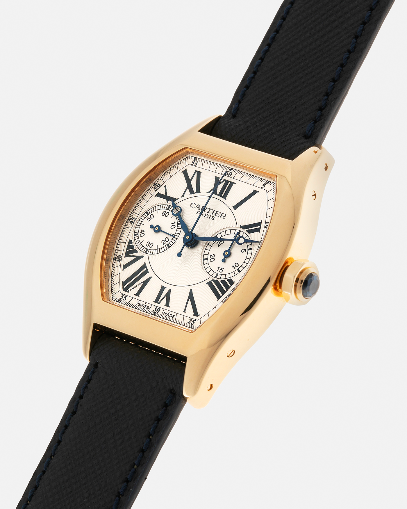 Brand: Cartier Year: 2000’s Model: Collection Privée Cartier Paris Tortue Monopoussoir Reference: 2356E Material: 18-carat Yellow Gold Movement: Cartier THA Cal. 045MC, Manual-Winding Case Diameter: 43mm x 35 mm Lug Width: 18mm Strap: Molequin Navy Blue Textured Calf Leather with Signed 18-carat Yellow Gold Deployant Clasp