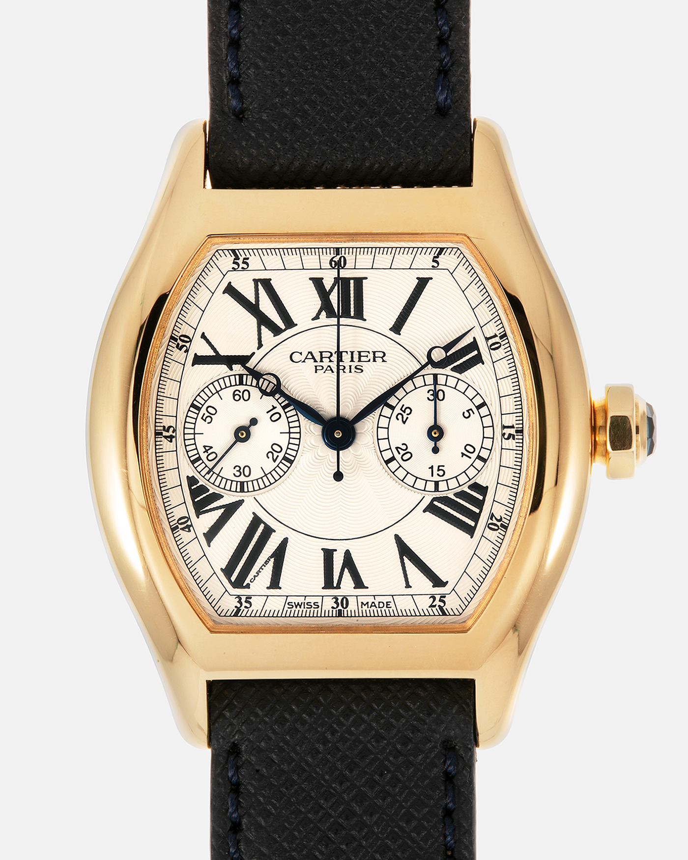 Brand: Cartier Year: 2000’s Model: Collection Privée Cartier Paris Tortue Monopoussoir Reference: 2356E Material: 18-carat Yellow Gold Movement: Cartier THA Cal. 045MC, Manual-Winding Case Diameter: 43mm x 35 mm Lug Width: 18mm Strap: Molequin Navy Blue Textured Calf Leather with Signed 18-carat Yellow Gold Deployant Clasp