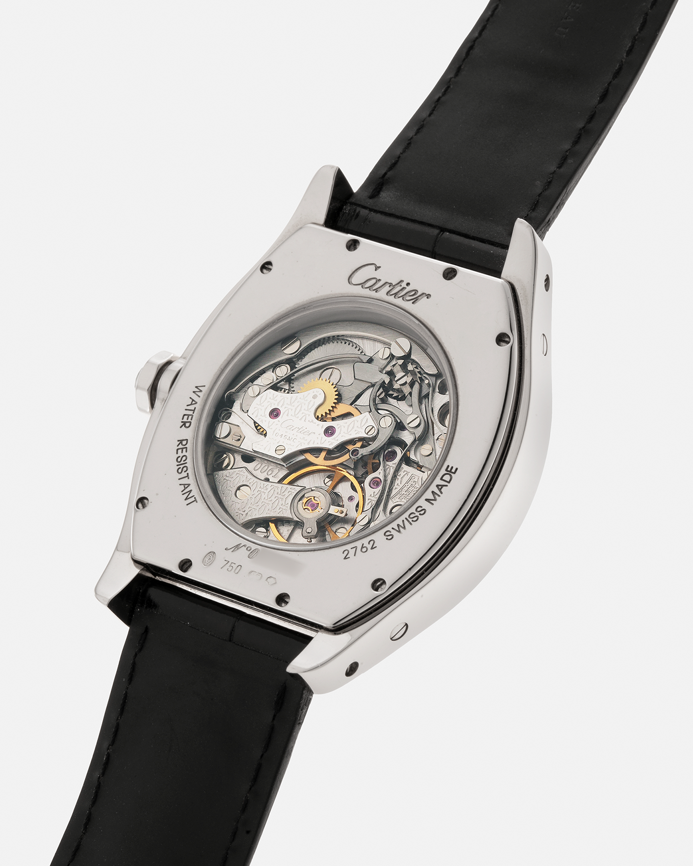 Brand: Cartier Year: 2000s Model: CPCP Collection Prive Tortue Monopoussoir XL Reference: 2762 Material: 18-carat White Gold Movement: THA Cal. 045MC, Manual-Winding Case Dimensions: 37mm x 39 mm Lug Width: 20mm Strap: Jean Rosseau Black Alligator Leather Strap with Signed 18-carat White Gold Deployant Clasp