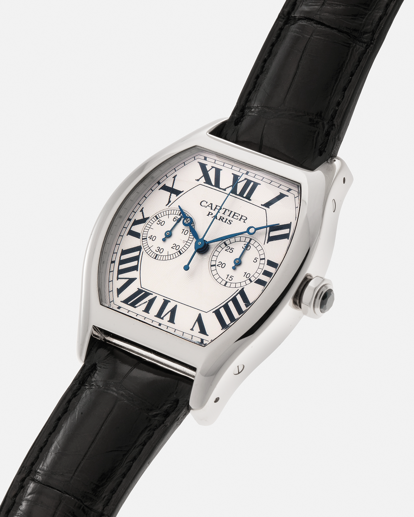 Brand: Cartier Year: 2000s Model: CPCP Collection Prive Tortue Monopoussoir XL Reference: 2762 Material: 18-carat White Gold Movement: THA Cal. 045MC, Manual-Winding Case Dimensions: 37mm x 39 mm Lug Width: 20mm Strap: Jean Rosseau Black Alligator Leather Strap with Signed 18-carat White Gold Deployant Clasp
