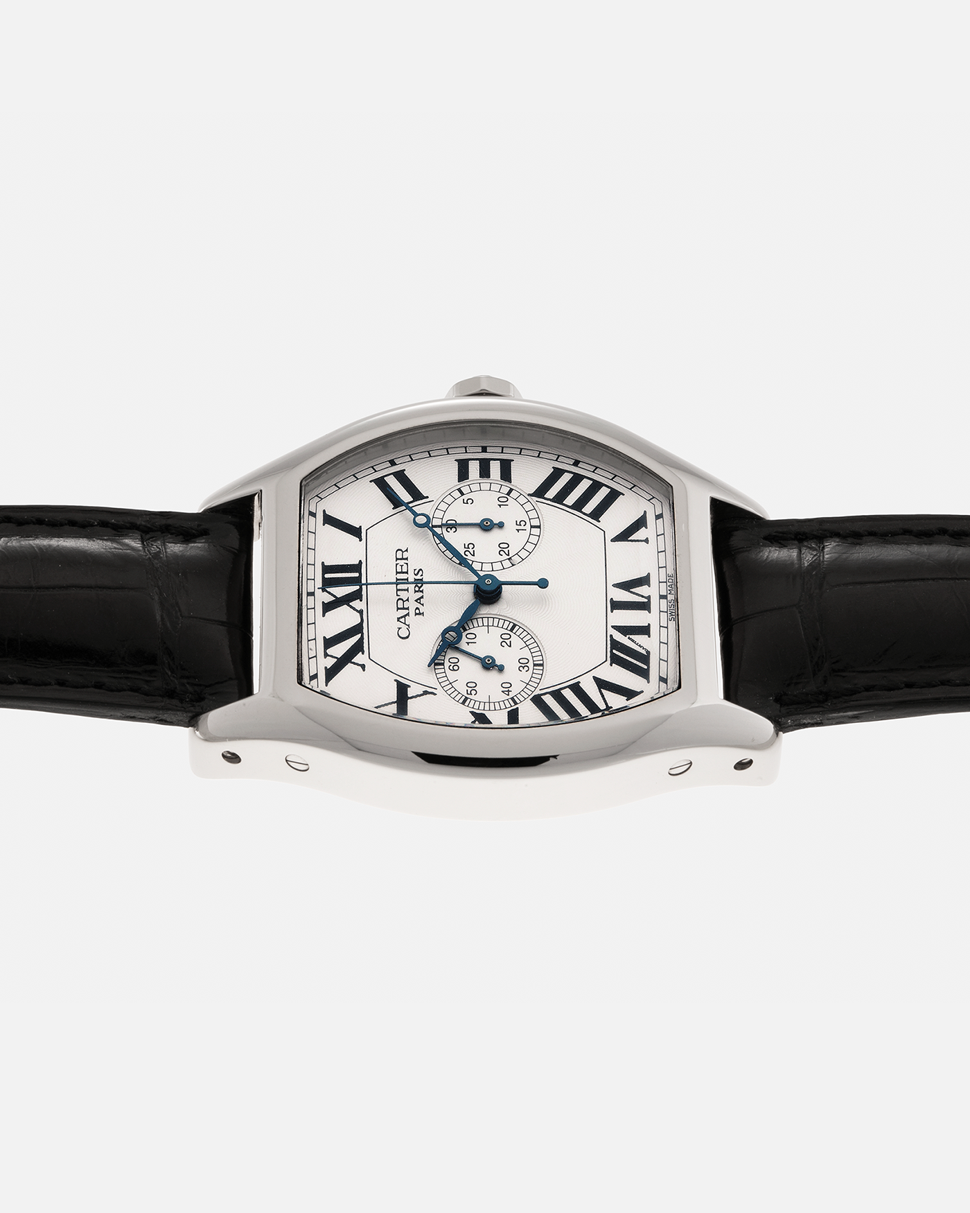 Brand: Cartier Year: 2000s Model: CPCP Collection Prive Tortue Monopoussoir XL Reference: 2762 Material: 18-carat White Gold Movement: THA Cal. 045MC, Manual-Winding Case Dimensions: 37mm x 39 mm Lug Width: 20mm Strap: Jean Rosseau Black Alligator Leather Strap with Signed 18-carat White Gold Deployant Clasp