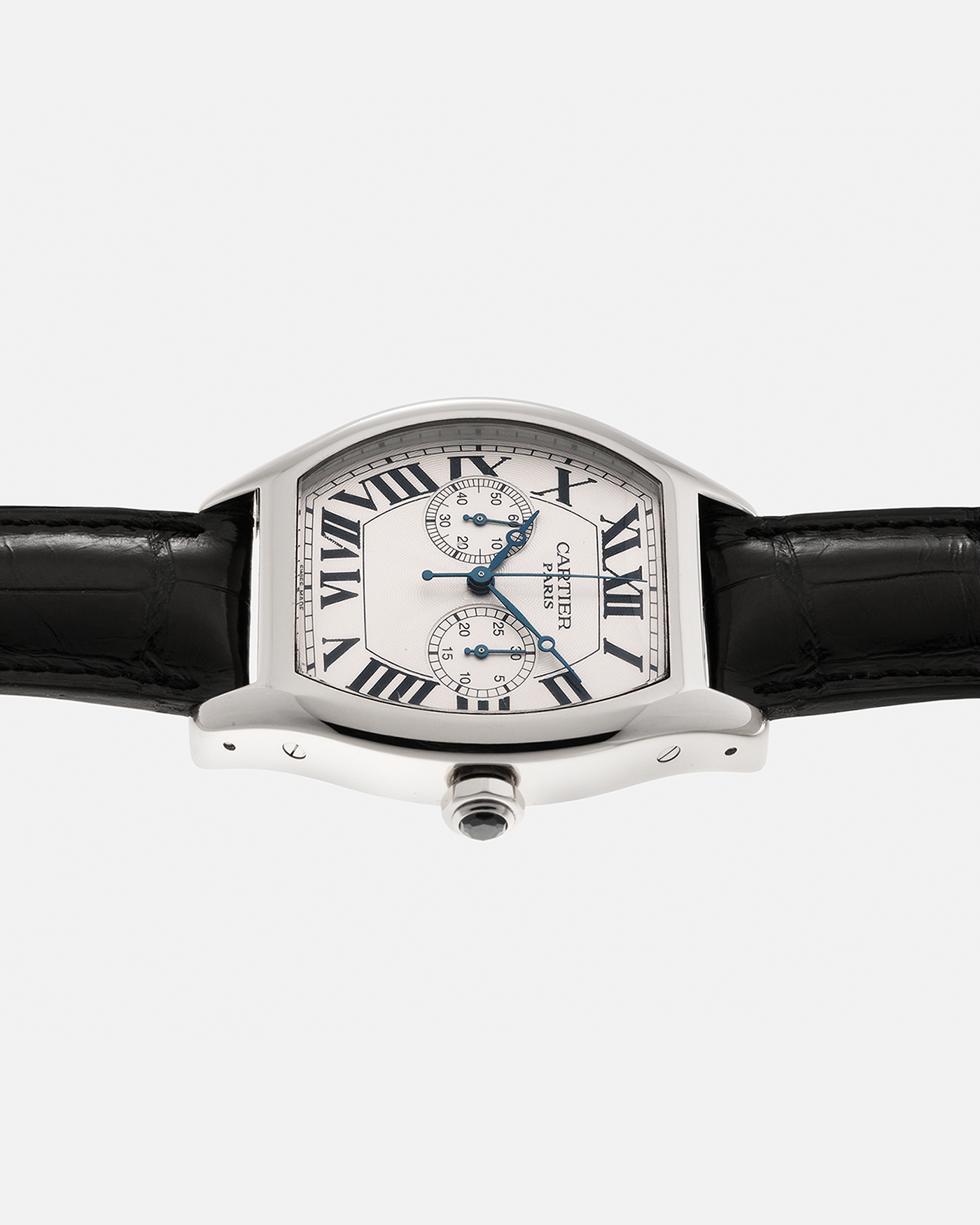Brand: Cartier Year: 2000s Model: CPCP Collection Prive Tortue Monopoussoir XL Reference: 2762 Material: 18-carat White Gold Movement: THA Cal. 045MC, Manual-Winding Case Dimensions: 37mm x 39 mm Lug Width: 20mm Strap: Jean Rosseau Black Alligator Leather Strap with Signed 18-carat White Gold Deployant Clasp