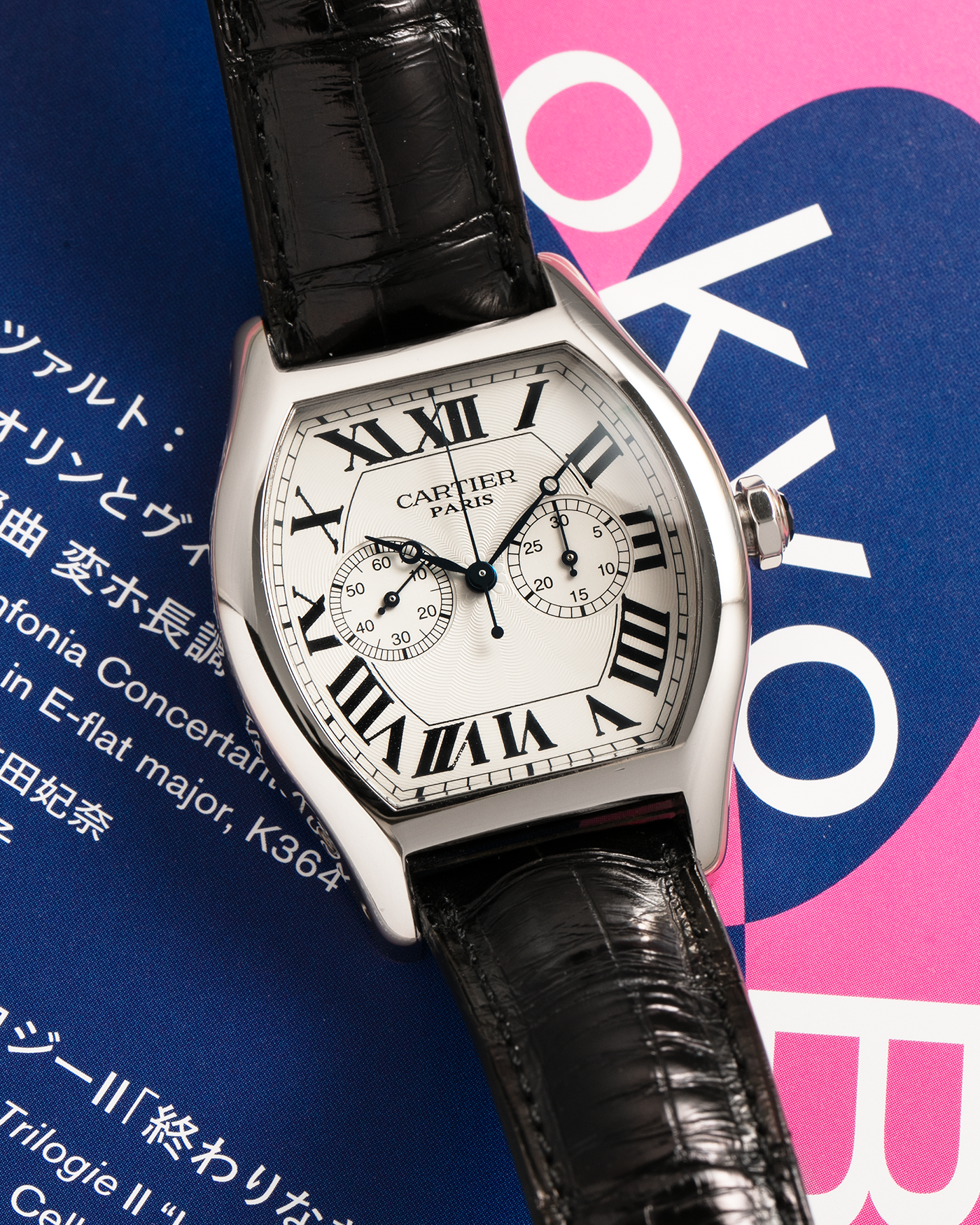 Brand: Cartier Year: 2000s Model: CPCP Collection Prive Tortue Monopoussoir XL Reference: 2762 Material: 18-carat White Gold Movement: THA Cal. 045MC, Manual-Winding Case Dimensions: 37mm x 39 mm Lug Width: 20mm Strap: Jean Rosseau Black Alligator Leather Strap with Signed 18-carat White Gold Deployant Clasp
