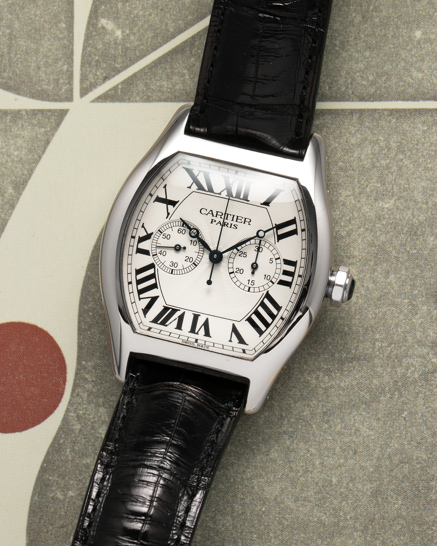 Brand: Cartier Year: 2000s Model: CPCP Collection Prive Tortue Monopoussoir XL Reference: 2762 Material: 18-carat White Gold Movement: THA Cal. 045MC, Manual-Winding Case Dimensions: 37mm x 39 mm Lug Width: 20mm Strap: Jean Rosseau Black Alligator Leather Strap with Signed 18-carat White Gold Deployant Clasp