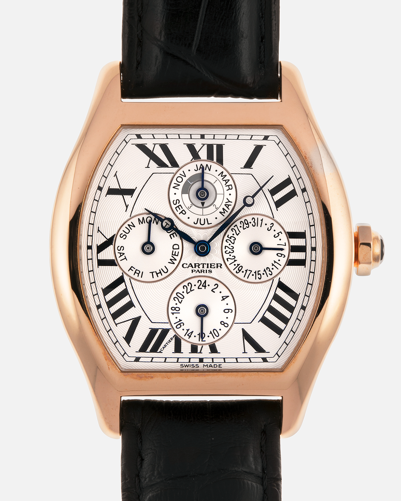 Brand: Cartier
Year: 2005
Model: CPCP Collection Prive Tortue Perpetual Calendar XL
Reference: 2666 / W1542851
Material: 18k Rose Gold
Movement: Cal. 9421MC
Case Diameter: 42.5mm x 34mm (12mm Thickness)
Strap: Cartier Black Alligator with 18k Rose Gold Cartier Deployant