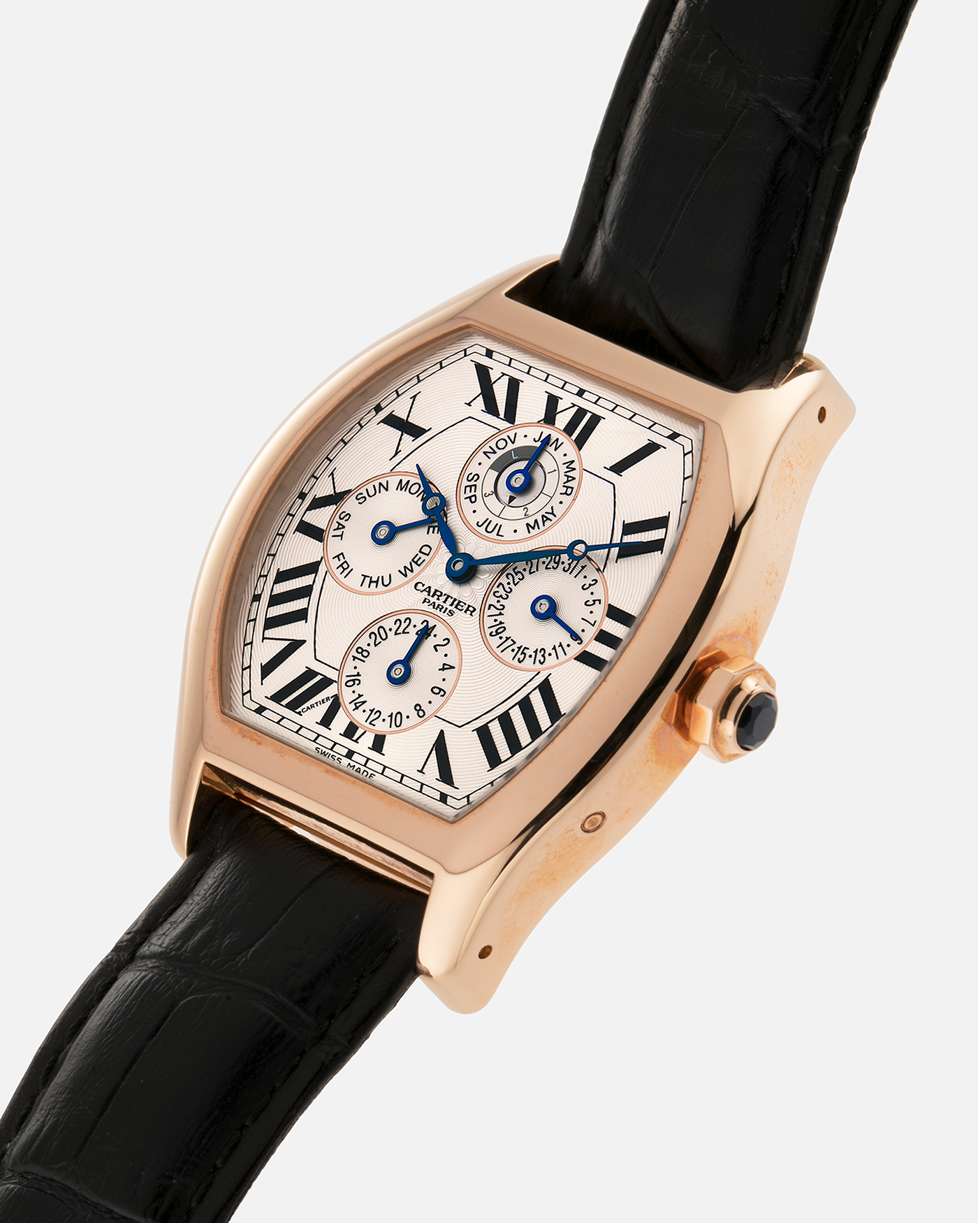 Brand: Cartier
Year: 2005
Model: CPCP Collection Prive Tortue Perpetual Calendar XL
Reference: 2666 / W1542851
Material: 18k Rose Gold
Movement: Cal. 9421MC
Case Diameter: 42.5mm x 34mm (12mm Thickness)
Strap: Cartier Black Alligator with 18k Rose Gold Cartier Deployant