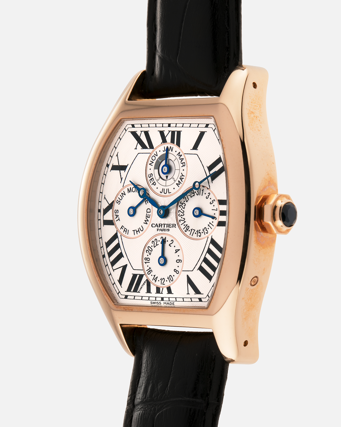 Brand: Cartier
Year: 2005
Model: CPCP Collection Prive Tortue Perpetual Calendar XL
Reference: 2666 / W1542851
Material: 18k Rose Gold
Movement: Cal. 9421MC
Case Diameter: 42.5mm x 34mm (12mm Thickness)
Strap: Cartier Black Alligator with 18k Rose Gold Cartier Deployant