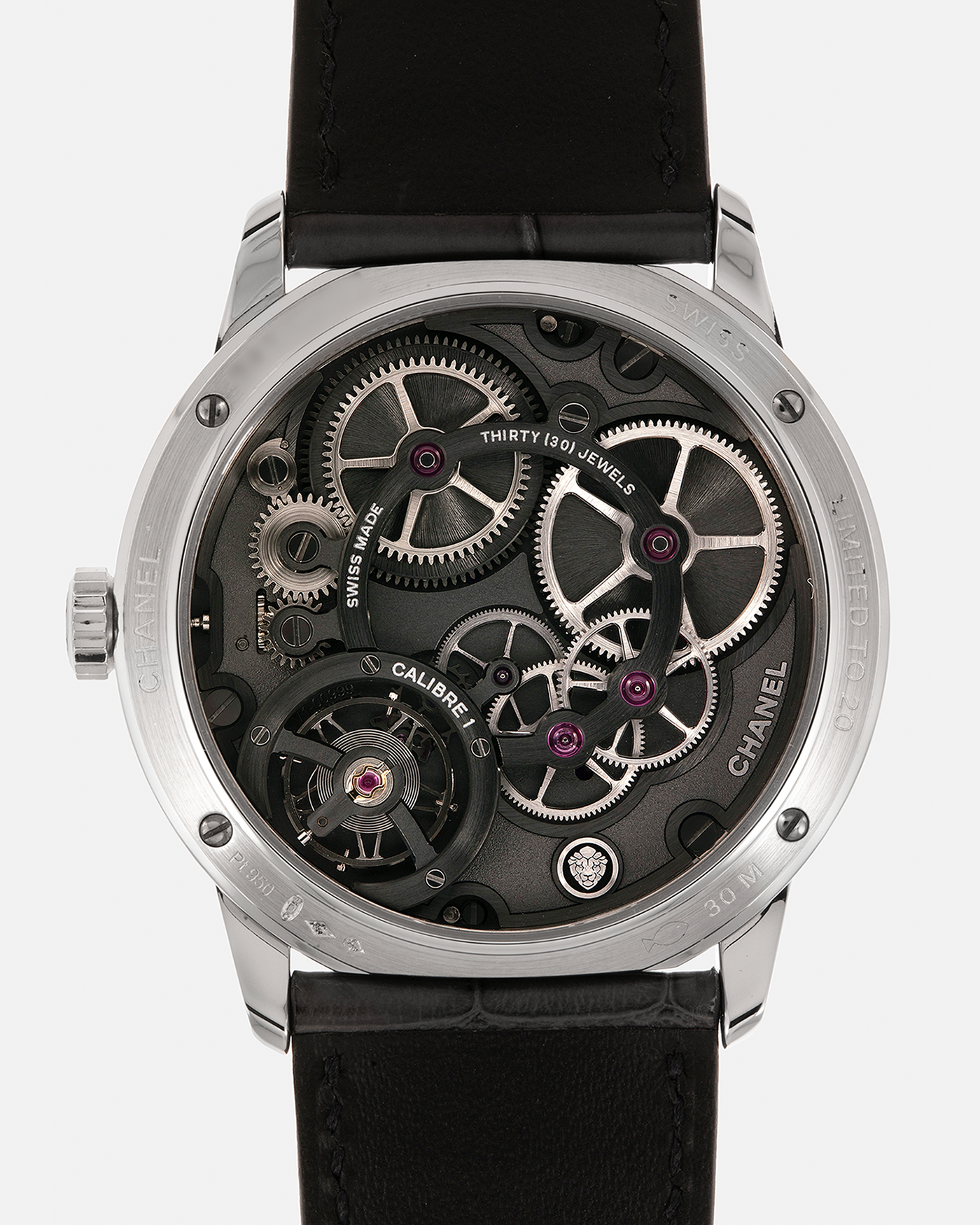 Brand: Chanel
Year: 2018
Model: Monsieur De Chanel Jump Hour, Limited to 20 Pieces
Reference: H5467
Material: Platinum 950 Case and Deployant Clasp, Blue Enamel Dial
Movement: Chanel Calibre 1 (Developed with Romain Gauthier), Manual-Winding 
Case Dimensions: 40mm x 10.4mm
Lug Width: 22mm
Straps: Chanel Grey Alligator Leather Strap with Signed Platinum 950 Deployant Clasp, with extra Chanel Black Alligator Leather Strap (Used)