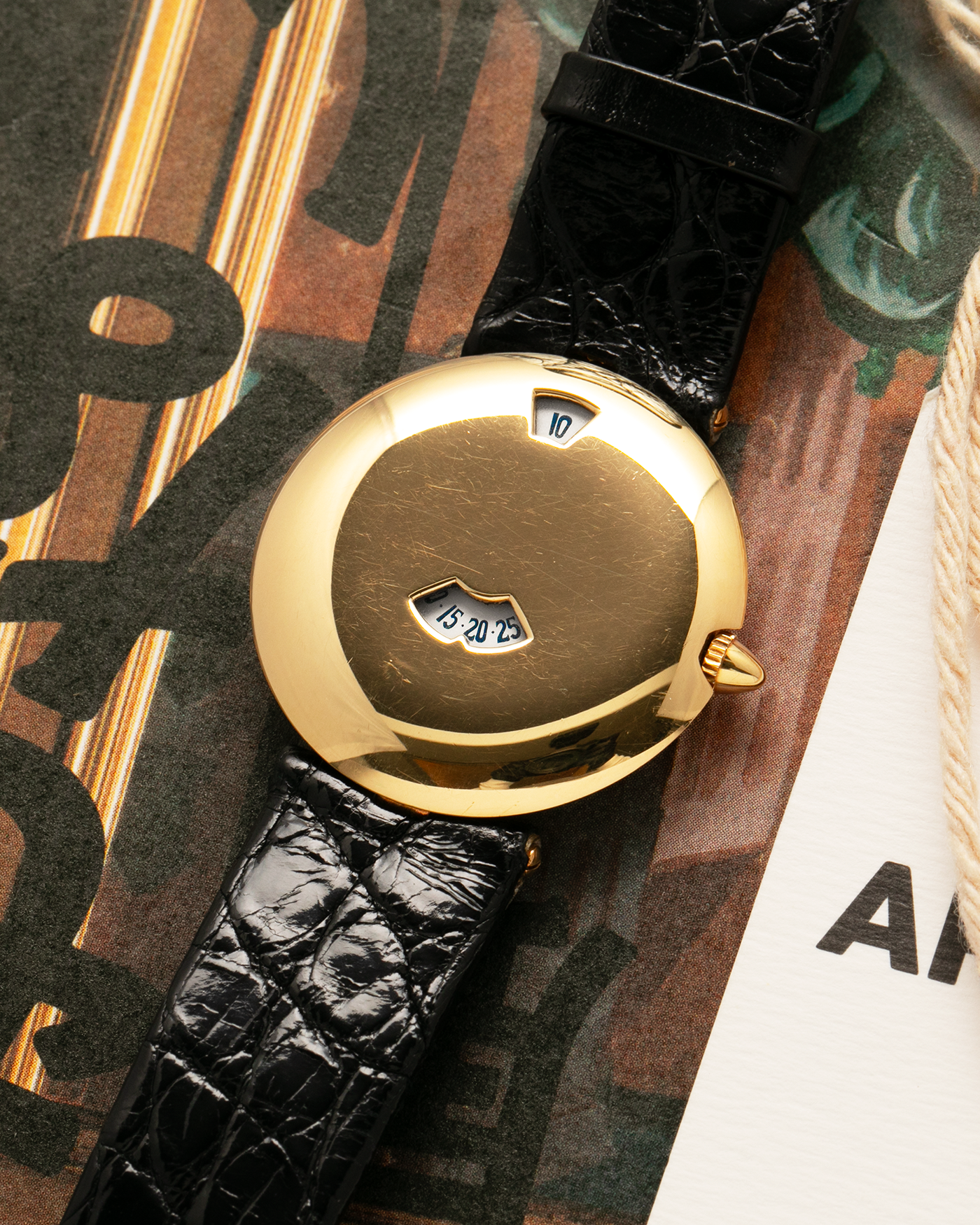 Brand: Chaumet
Year: Early 1990’s
Model: Les Pleiades
Reference Number: 11A
Material: 18k Yellow Gold
Movement: Quartz Jump Hour Movement
Case Dimensions: 30mm
Strap: Black Alligator Strap with 18k Yellow Gold Chaumet Tang Buckle