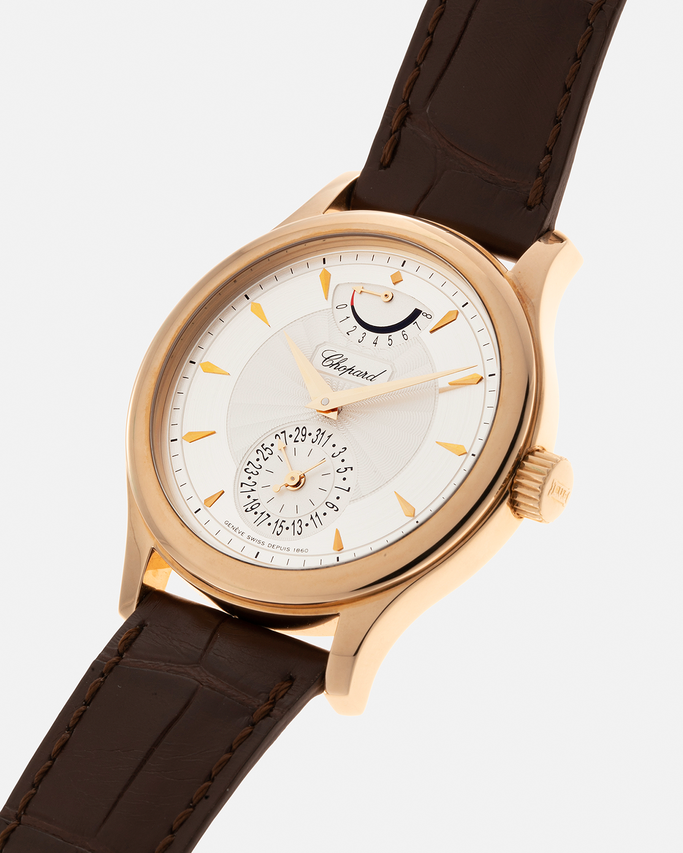 Brand: Chopard L.U.C. Year: 1990’s Model / Reference: 16/1863 ‘Quattro’ Material: 18-carat Yellow Gold Movement: Chopard Cal. 1.98, Manual-Winding Case Diameter: 38mm Lug Width: 19mm Strap: Chopard Brown Alligator Leather Strap with Signed 18-carat Yellow Gold Tang Buckle
