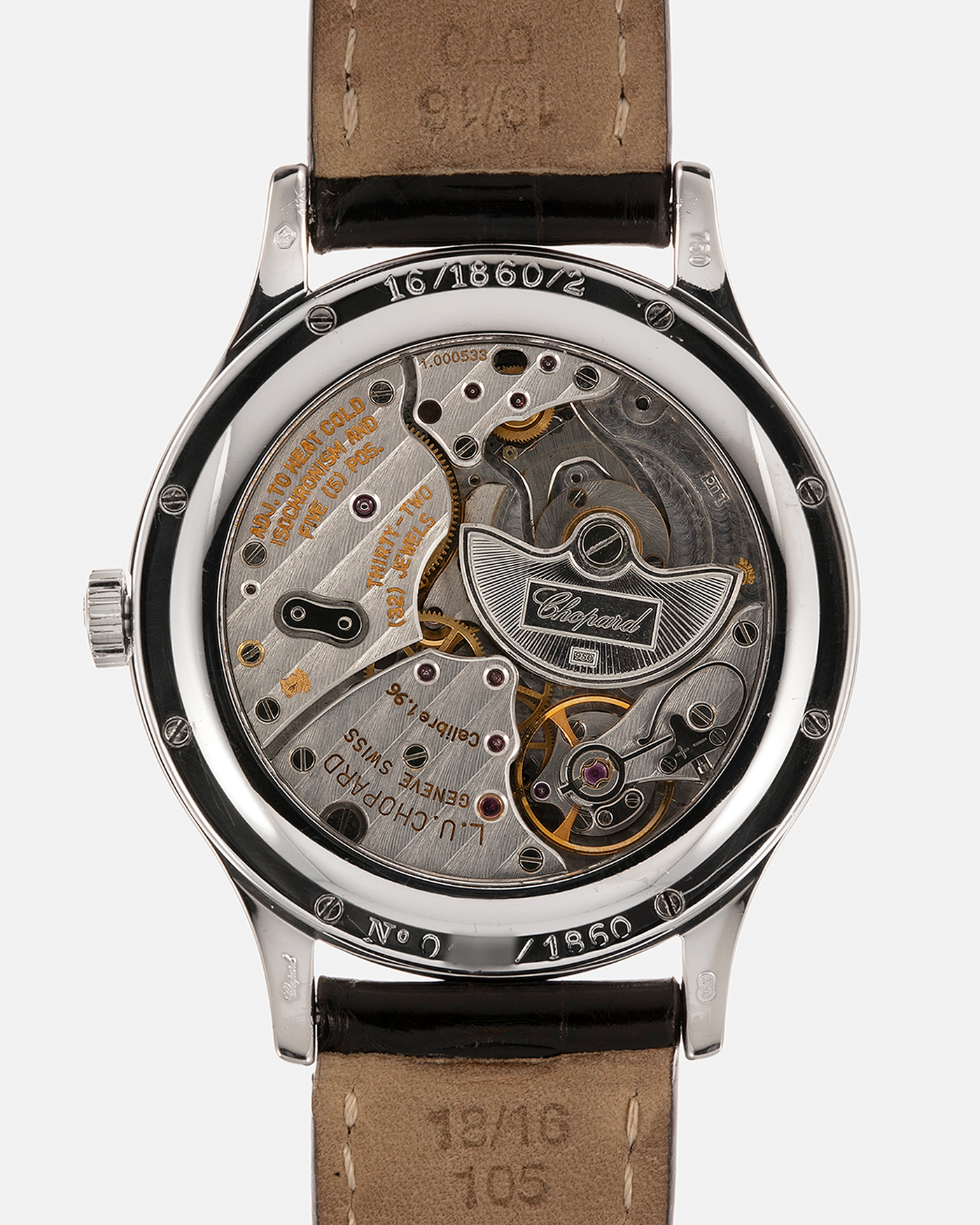 Brand: Chopard L.U.C.
Year: 1998
Model: 16/1860/2
Material: 18-carat White Gold
Movement: Chopard Cal. 1.96, Self-Winding Micro-Rotor
Case Dimensions: 37mm x 8.5mm (Lug-to-Lug 45mm)
Lug Width: 18mm
Strap: Chopard Black Alligator Leather Strap with Signed 18-carat White Gold Tang Buckle