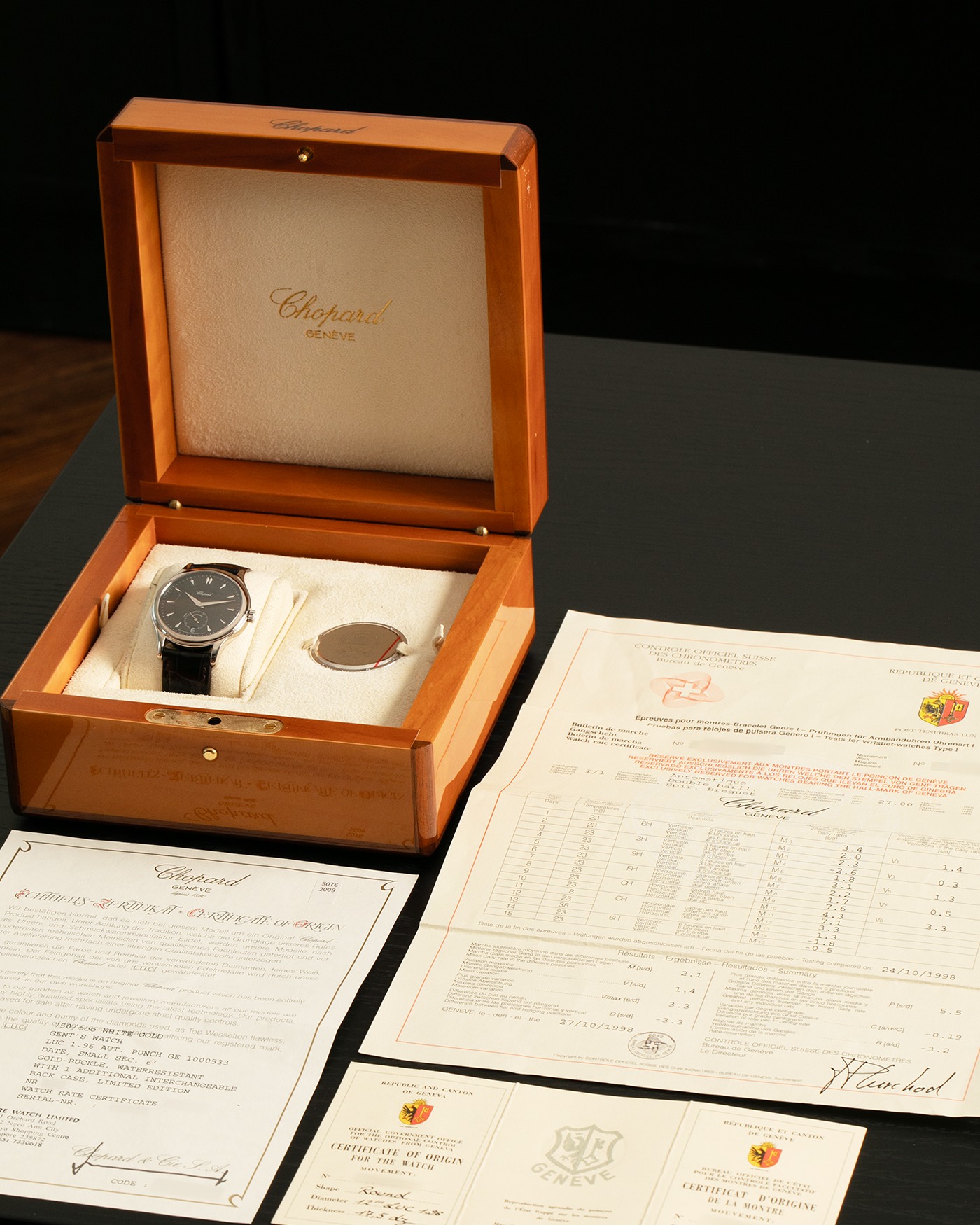 Brand: Chopard L.U.C.
Year: 1998
Model: 16/1860/2
Material: 18-carat White Gold
Movement: Chopard Cal. 1.96, Self-Winding Micro-Rotor
Case Dimensions: 37mm x 8.5mm (Lug-to-Lug 45mm)
Lug Width: 18mm
Strap: Chopard Black Alligator Leather Strap with Signed 18-carat White Gold Tang Buckle