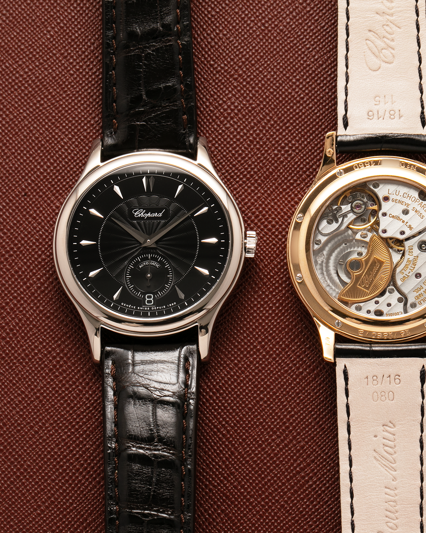 Brand: Chopard L.U.C.
Year: 1998
Model: 16/1860/2
Material: 18-carat White Gold
Movement: Chopard Cal. 1.96, Self-Winding Micro-Rotor
Case Dimensions: 37mm x 8.5mm (Lug-to-Lug 45mm)
Lug Width: 18mm
Strap: Chopard Black Alligator Leather Strap with Signed 18-carat White Gold Tang Buckle