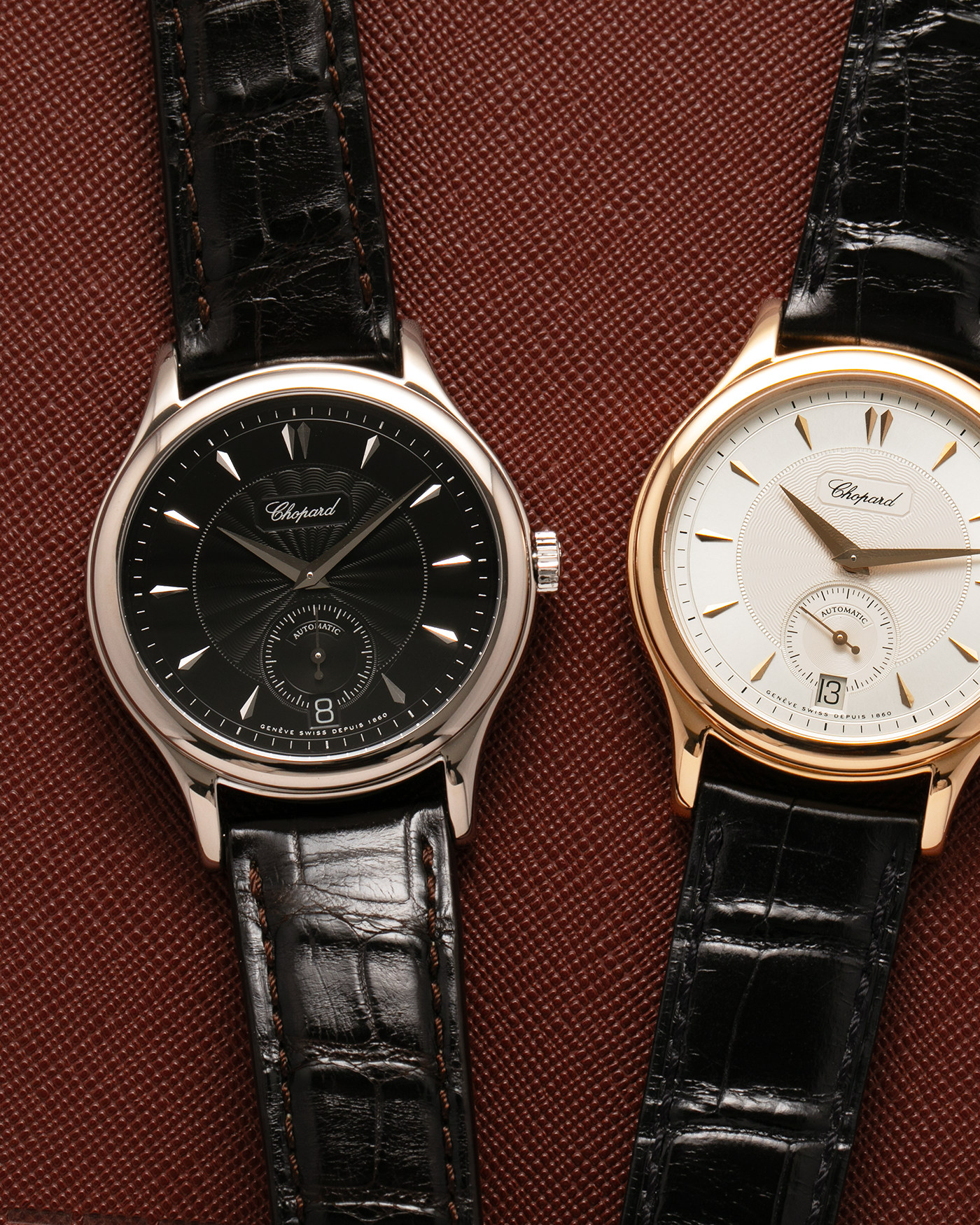 Brand: Chopard L.U.C.
Year: 1998
Model: 16/1860/2
Material: 18-carat White Gold
Movement: Chopard Cal. 1.96, Self-Winding Micro-Rotor
Case Dimensions: 37mm x 8.5mm (Lug-to-Lug 45mm)
Lug Width: 18mm
Strap: Chopard Black Alligator Leather Strap with Signed 18-carat White Gold Tang Buckle