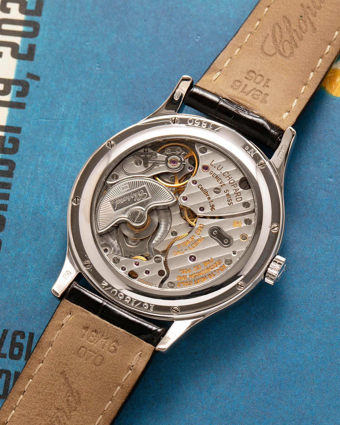 Brand: Chopard L.U.C.
Year: 1998
Model: 16/1860/2
Material: 18-carat White Gold
Movement: Chopard Cal. 1.96, Self-Winding Micro-Rotor
Case Dimensions: 37mm x 8.5mm (Lug-to-Lug 45mm)
Lug Width: 18mm
Strap: Chopard Black Alligator Leather Strap with Signed 18-carat White Gold Tang Buckle