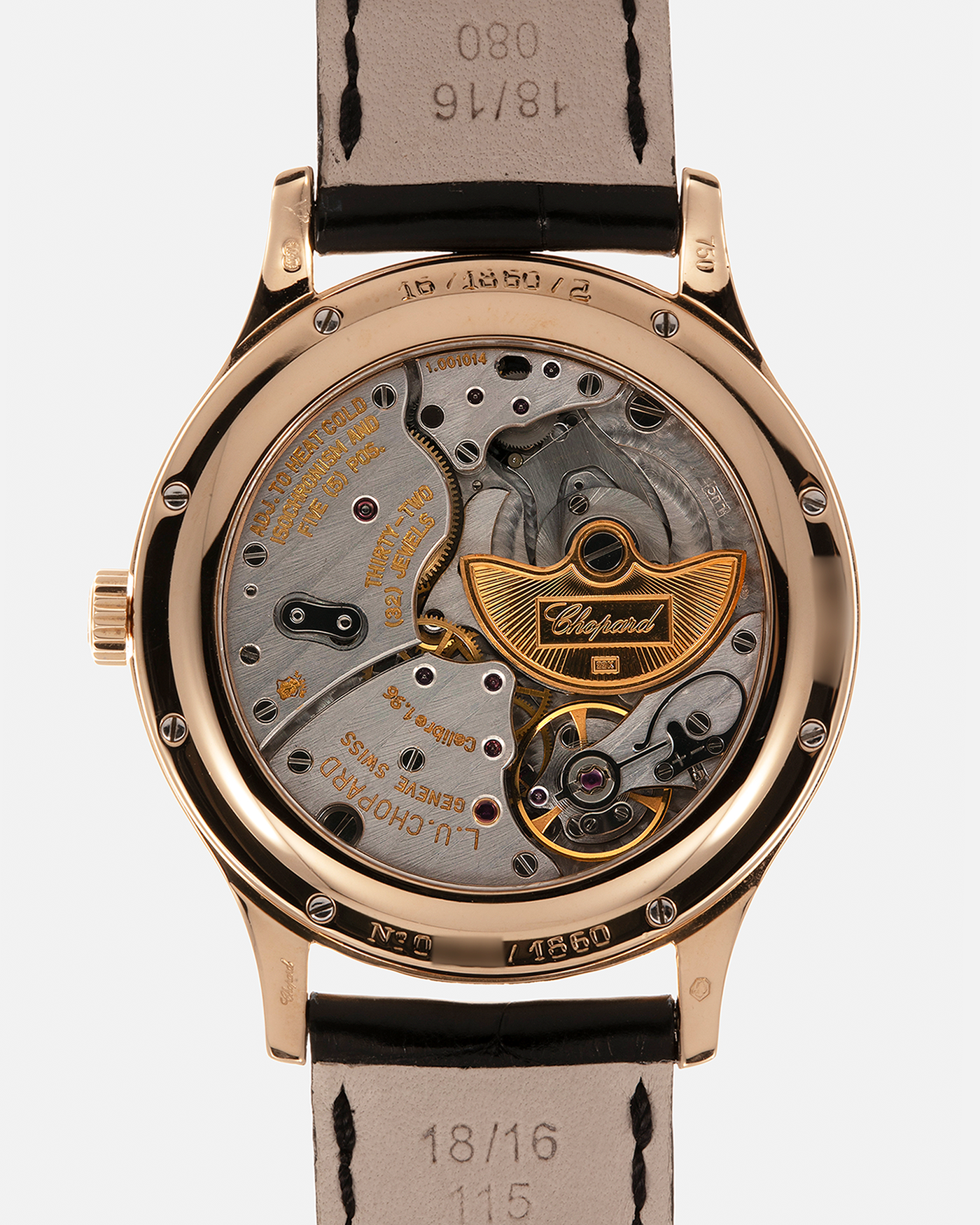 Brand: Chopard L.U.C.
Year: Late 1990’s
Model: 16/1860/2
Material: 18-carat Yellow Gold
Movement: Chopard Cal. 1.96, Self-Winding Micro-Rotor
Case Dimensions: 37mm x 8.5mm (Lug-to-Lug 45mm)
Lug Width: 18mm
Strap: Chopard Black Alligator Leather Strap with Signed 18-carat Yellow Gold Tang Buckle