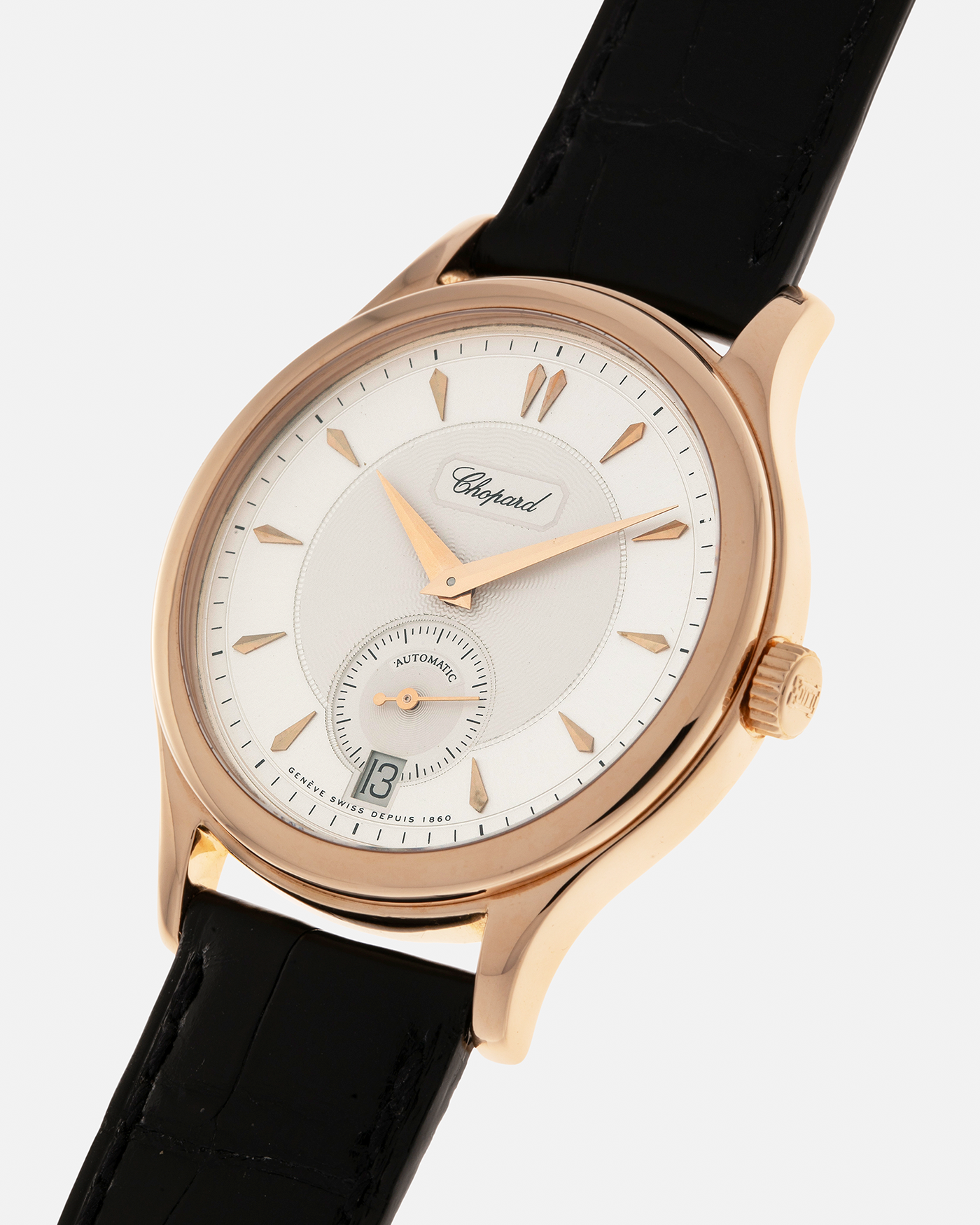 Brand: Chopard L.U.C.
Year: Late 1990’s
Model: 16/1860/2
Material: 18-carat Yellow Gold
Movement: Chopard Cal. 1.96, Self-Winding Micro-Rotor
Case Dimensions: 37mm x 8.5mm (Lug-to-Lug 45mm)
Lug Width: 18mm
Strap: Chopard Black Alligator Leather Strap with Signed 18-carat Yellow Gold Tang Buckle
