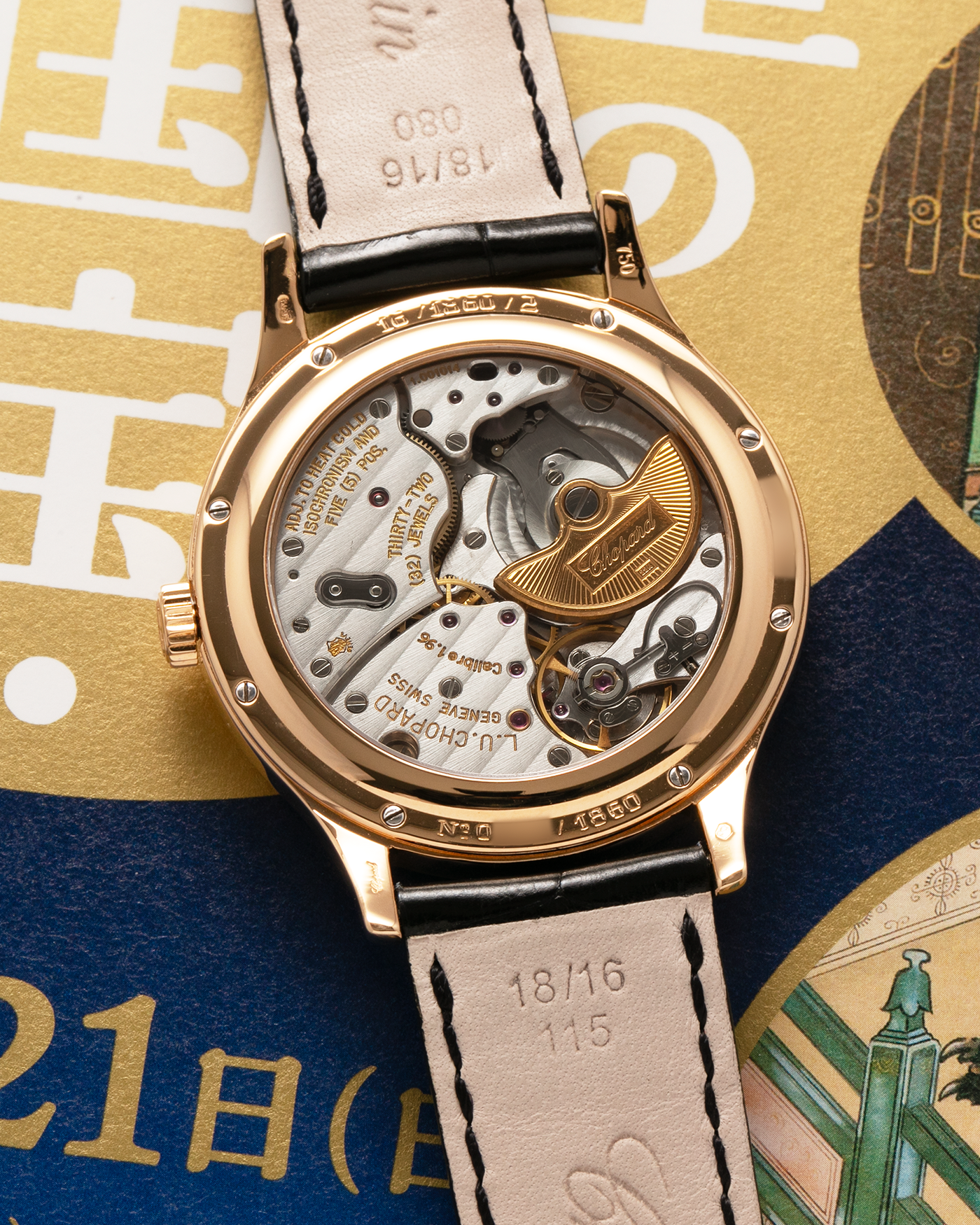 Brand: Chopard L.U.C.
Year: Late 1990’s
Model: 16/1860/2
Material: 18-carat Yellow Gold
Movement: Chopard Cal. 1.96, Self-Winding Micro-Rotor
Case Dimensions: 37mm x 8.5mm (Lug-to-Lug 45mm)
Lug Width: 18mm
Strap: Chopard Black Alligator Leather Strap with Signed 18-carat Yellow Gold Tang Buckle