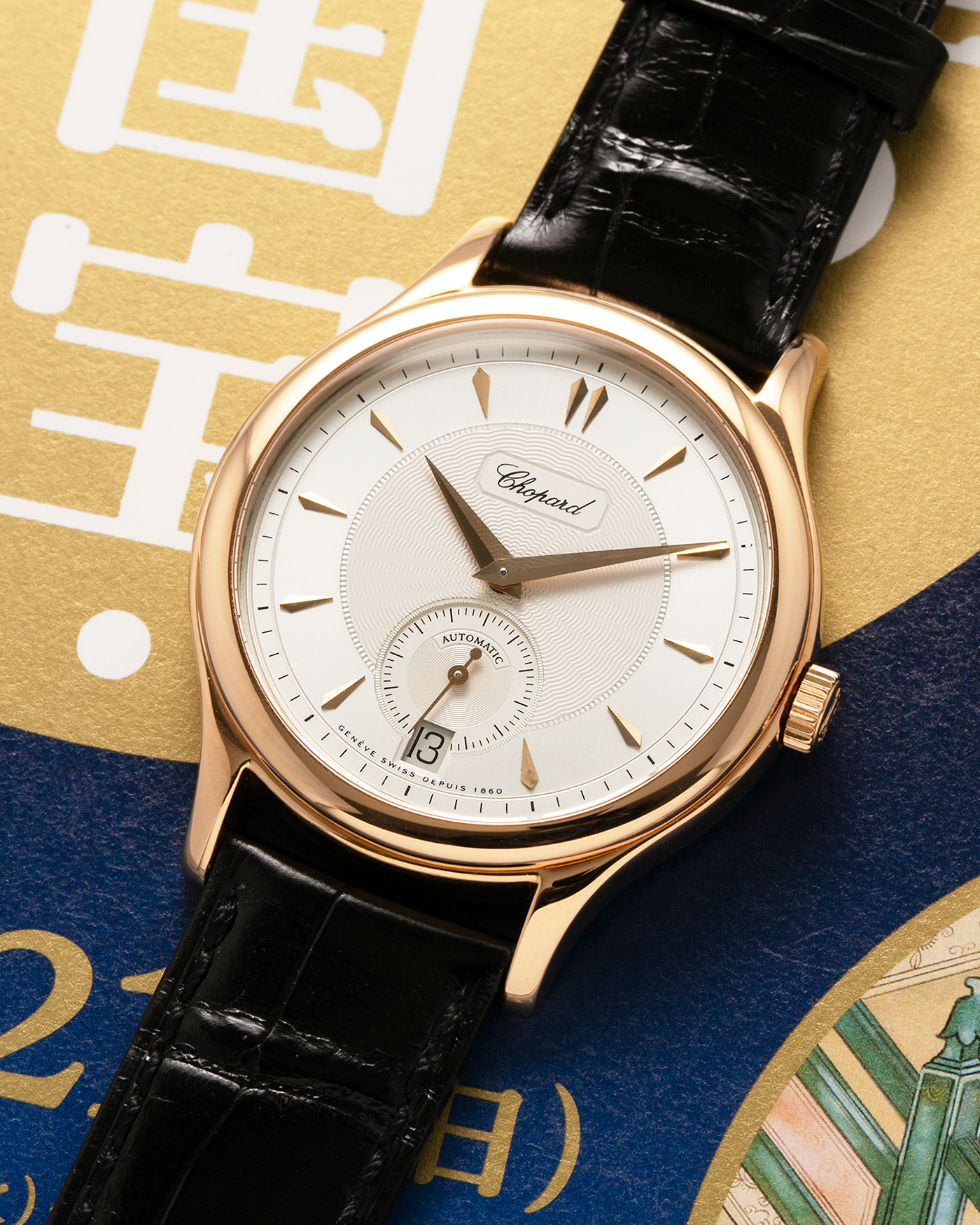 Brand: Chopard L.U.C.
Year: Late 1990’s
Model: 16/1860/2
Material: 18-carat Yellow Gold
Movement: Chopard Cal. 1.96, Self-Winding Micro-Rotor
Case Dimensions: 37mm x 8.5mm (Lug-to-Lug 45mm)
Lug Width: 18mm
Strap: Chopard Black Alligator Leather Strap with Signed 18-carat Yellow Gold Tang Buckle