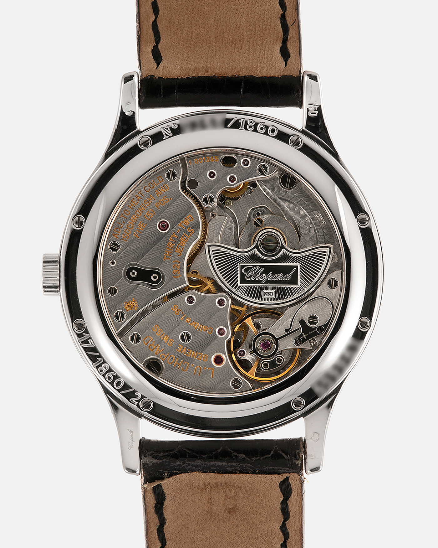 Brand: Chopard L.U.C.
Year: Late 1990s
Model: 17/1860/2
Material: 18-carat White Gold Case, Factory-Set Diamond Bezel
Movement: Chopard Cal. 1.96, Self-Winding Micro-Rotor
Case Dimensions: 37mm x 8.5mm (Lug-to-Lug 45mm)
Lug Width: 18mm
Strap: Chopard Black Alligator Leather Strap with Signed 18-carat White Gold Tang Buckle