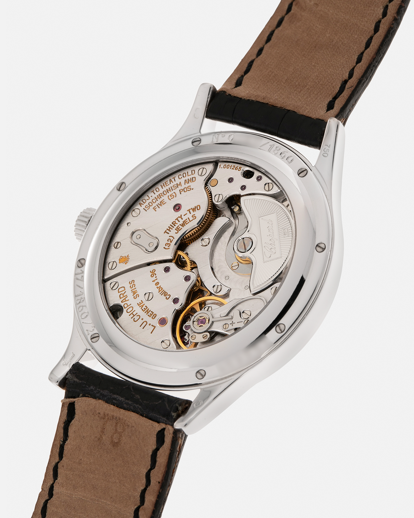 Brand: Chopard L.U.C.
Year: Late 1990s
Model: 17/1860/2
Material: 18-carat White Gold Case, Factory-Set Diamond Bezel
Movement: Chopard Cal. 1.96, Self-Winding Micro-Rotor
Case Dimensions: 37mm x 8.5mm (Lug-to-Lug 45mm)
Lug Width: 18mm
Strap: Chopard Black Alligator Leather Strap with Signed 18-carat White Gold Tang Buckle