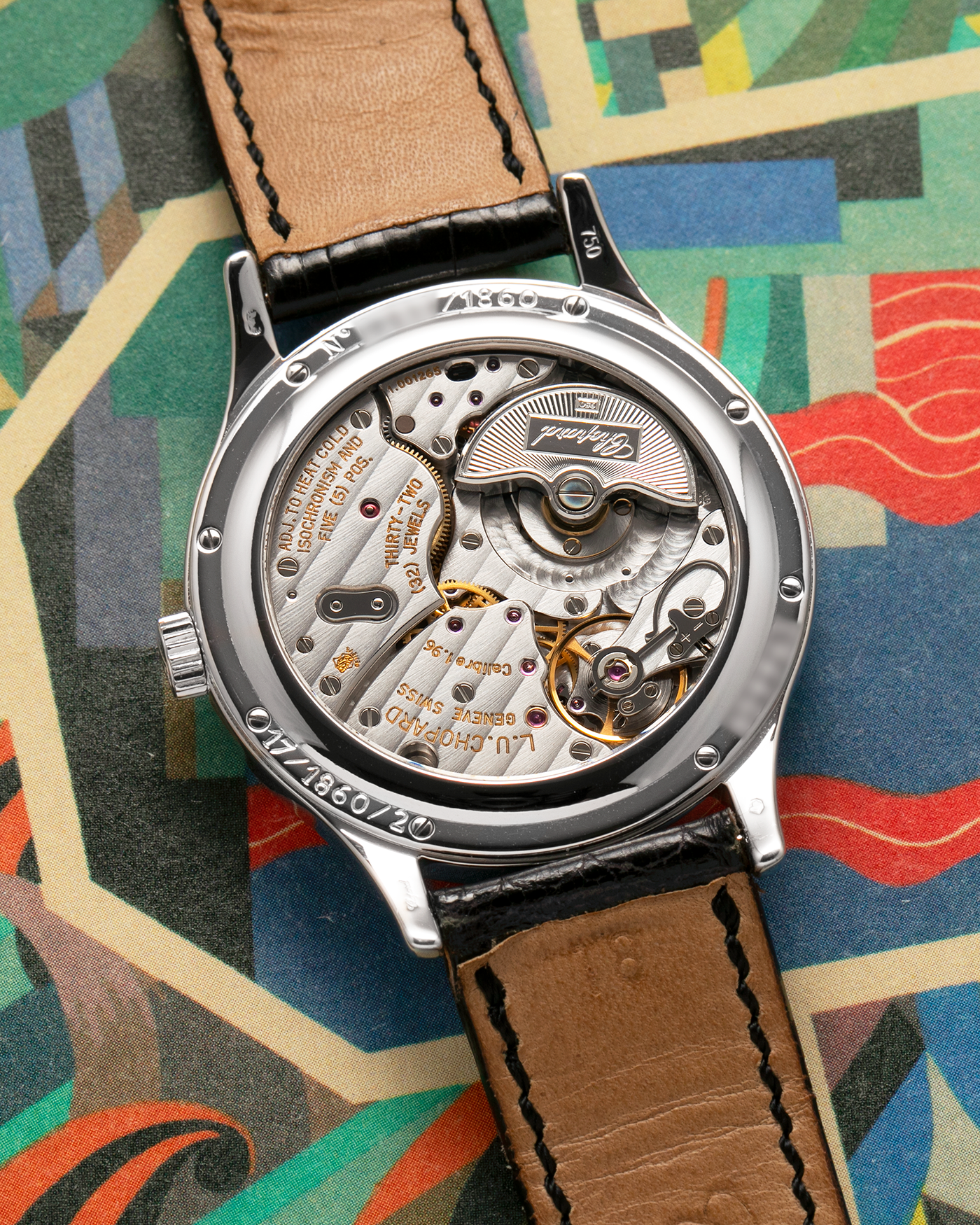 Brand: Chopard L.U.C.
Year: Late 1990s
Model: 17/1860/2
Material: 18-carat White Gold Case, Factory-Set Diamond Bezel
Movement: Chopard Cal. 1.96, Self-Winding Micro-Rotor
Case Dimensions: 37mm x 8.5mm (Lug-to-Lug 45mm)
Lug Width: 18mm
Strap: Chopard Black Alligator Leather Strap with Signed 18-carat White Gold Tang Buckle