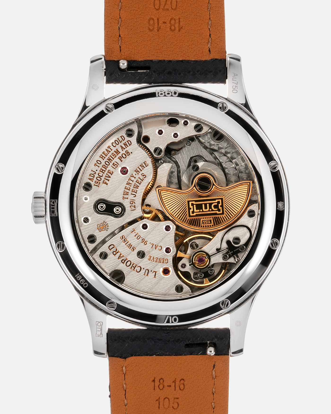 Brand: Chopard L.U.C. Year: 2022 Model / Reference: 16/1860/10018, The Hour Glass Limited Edition of 10 Pieces Serial Number: 425XXXX Material: 18-carat White Gold, Champagne Gold Dial Movement: Chopard Cal. L.U.C. 96.01-L, Self-Winding Case Diameter: 37mm Lug Width: 18mm Strap: Molequin Navy Blue Textured Calf Leather Strap with Signed 18-carat White Gold Tang buckle, and additional Chopard Distressed Sand Leather Strap