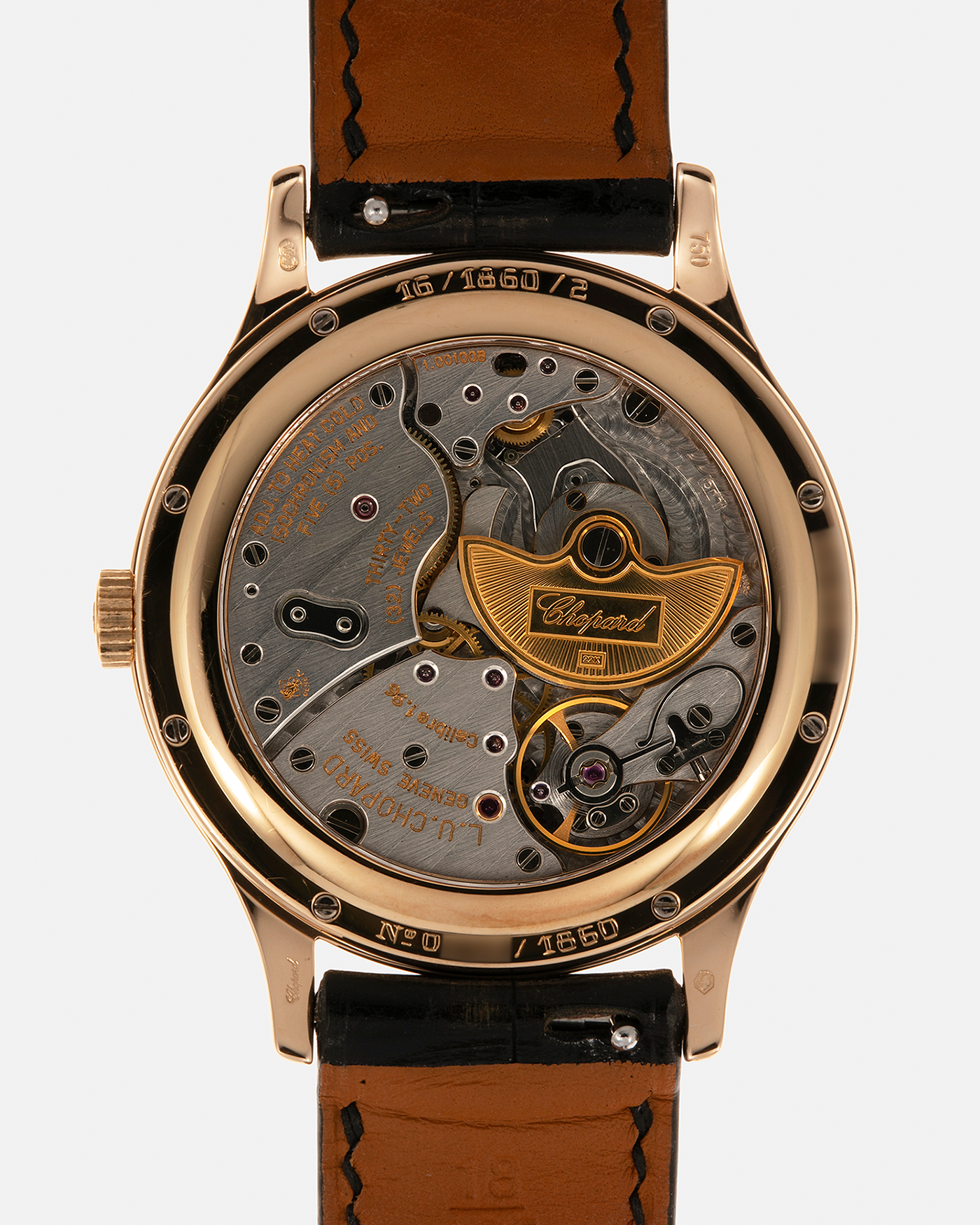 Brand: Chopard L.U.C.
Year: 1990’s
Model: 16/1860/2
Material: 18-carat Rose Gold
Movement: Chopard Cal. 1.96, Self-Winding Micro-Rotor
Case Diameter: 37mm x 8.5mm (Lug-to-Lug 45mm)
Lug Width: 18mm
Strap: Delugs Black Alligator Leather Strap with signed 18-carat Rose Gold Tang Buckle, extra Chopard Black Alligator Leather Strap
