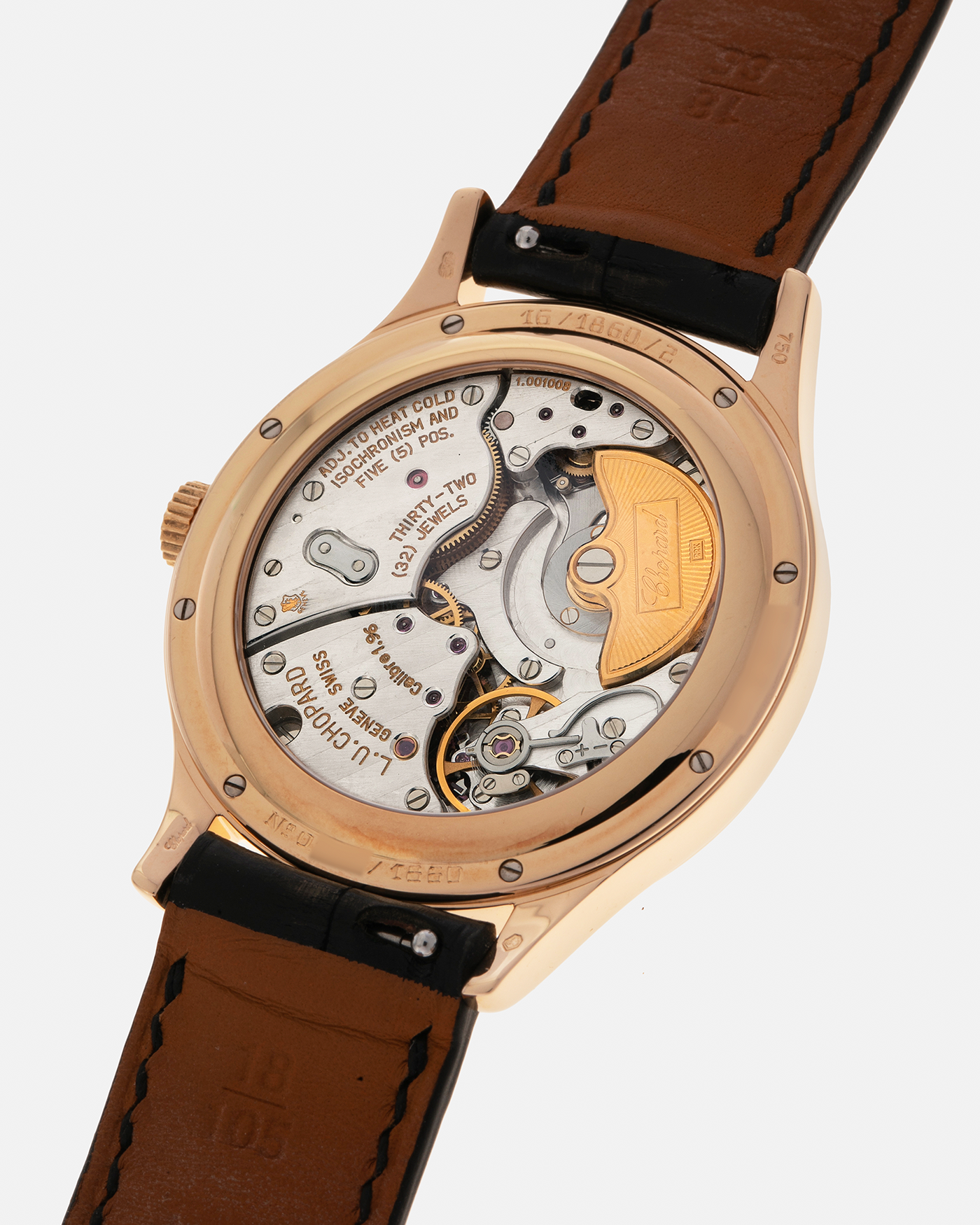 Brand: Chopard L.U.C.
Year: 1990’s
Model: 16/1860/2
Material: 18-carat Rose Gold
Movement: Chopard Cal. 1.96, Self-Winding Micro-Rotor
Case Diameter: 37mm x 8.5mm (Lug-to-Lug 45mm)
Lug Width: 18mm
Strap: Delugs Black Alligator Leather Strap with signed 18-carat Rose Gold Tang Buckle, extra Chopard Black Alligator Leather Strap
