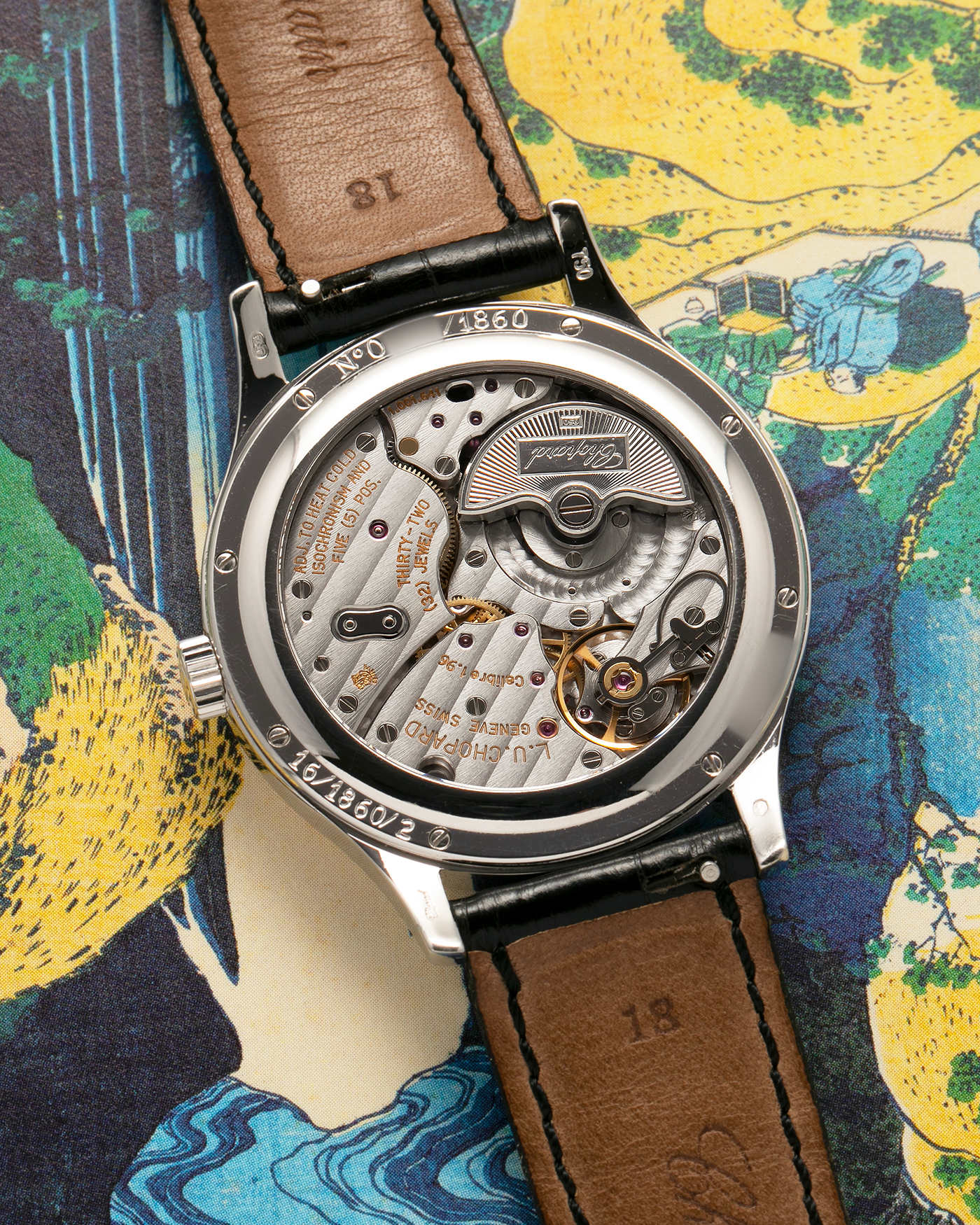 Brand: Chopard L.U.C.
Year: 1990’s
Model: 16/1860/2
Material: 18-carat White Gold
Movement: Chopard Cal. 1.96, Self-Winding Micro-Rotor
Case Dimensions: 37mm x 8.5mm (Lug-to-Lug 45mm)
Lug Width: 18mm
Strap: Chopard Black Alligator Leather Strap with Signed 18-carat White Gold Tang Buckle