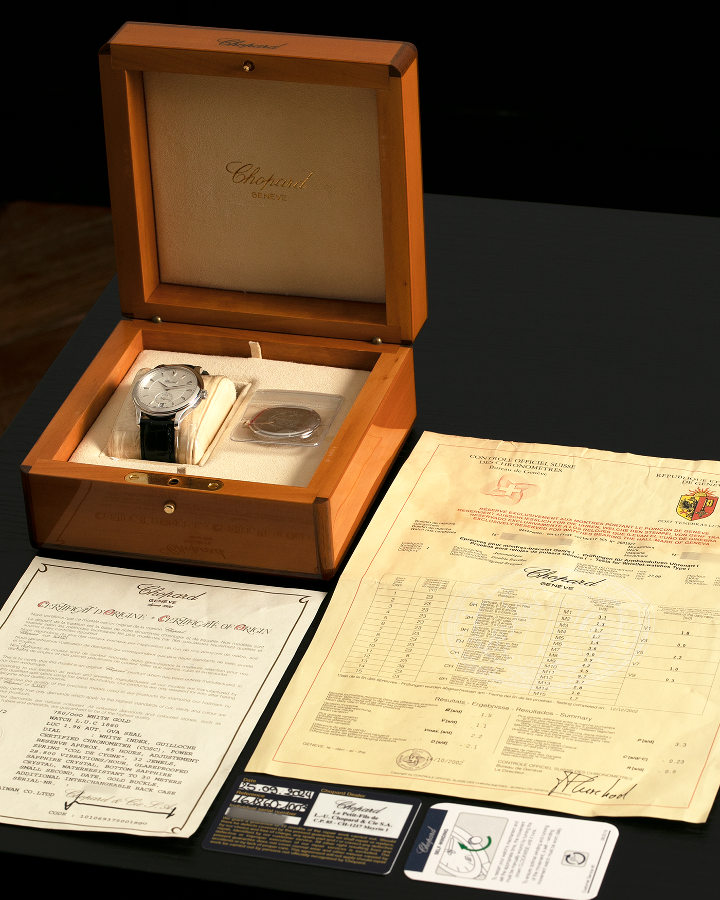 Brand: Chopard L.U.C.
Year: 1990’s
Model: 16/1860/2
Material: 18-carat White Gold
Movement: Chopard Cal. 1.96, Self-Winding Micro-Rotor
Case Dimensions: 37mm x 8.5mm (Lug-to-Lug 45mm)
Lug Width: 18mm
Strap: Chopard Black Alligator Leather Strap with Signed 18-carat White Gold Tang Buckle