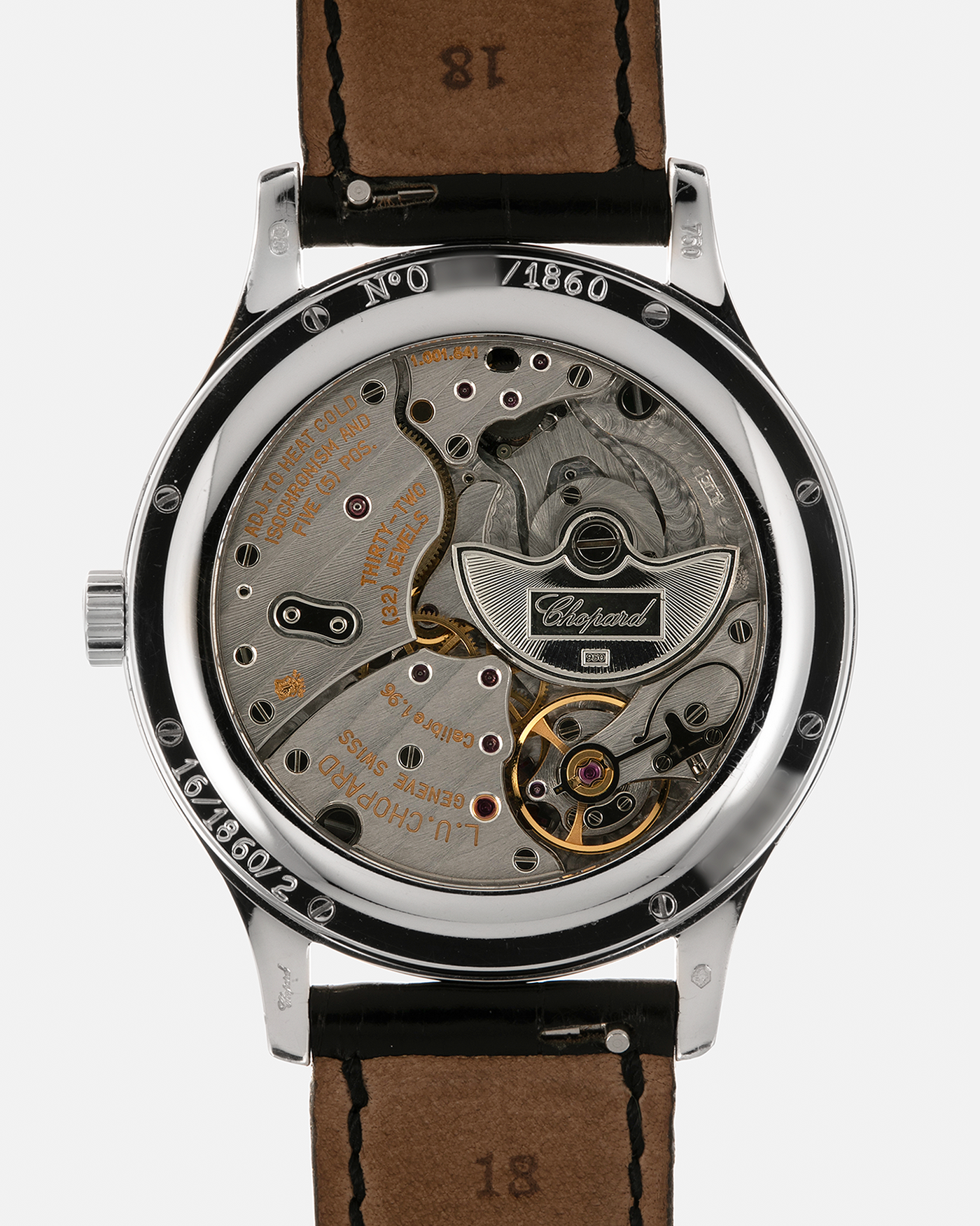Brand: Chopard L.U.C.
Year: 1990’s
Model: 16/1860/2
Material: 18-carat White Gold
Movement: Chopard Cal. 1.96, Self-Winding Micro-Rotor
Case Dimensions: 37mm x 8.5mm (Lug-to-Lug 45mm)
Lug Width: 18mm
Strap: Chopard Black Alligator Leather Strap with Signed 18-carat White Gold Tang Buckle