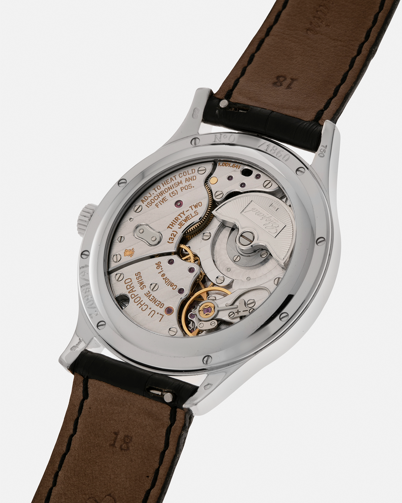 Brand: Chopard L.U.C.
Year: 1990’s
Model: 16/1860/2
Material: 18-carat White Gold
Movement: Chopard Cal. 1.96, Self-Winding Micro-Rotor
Case Dimensions: 37mm x 8.5mm (Lug-to-Lug 45mm)
Lug Width: 18mm
Strap: Chopard Black Alligator Leather Strap with Signed 18-carat White Gold Tang Buckle