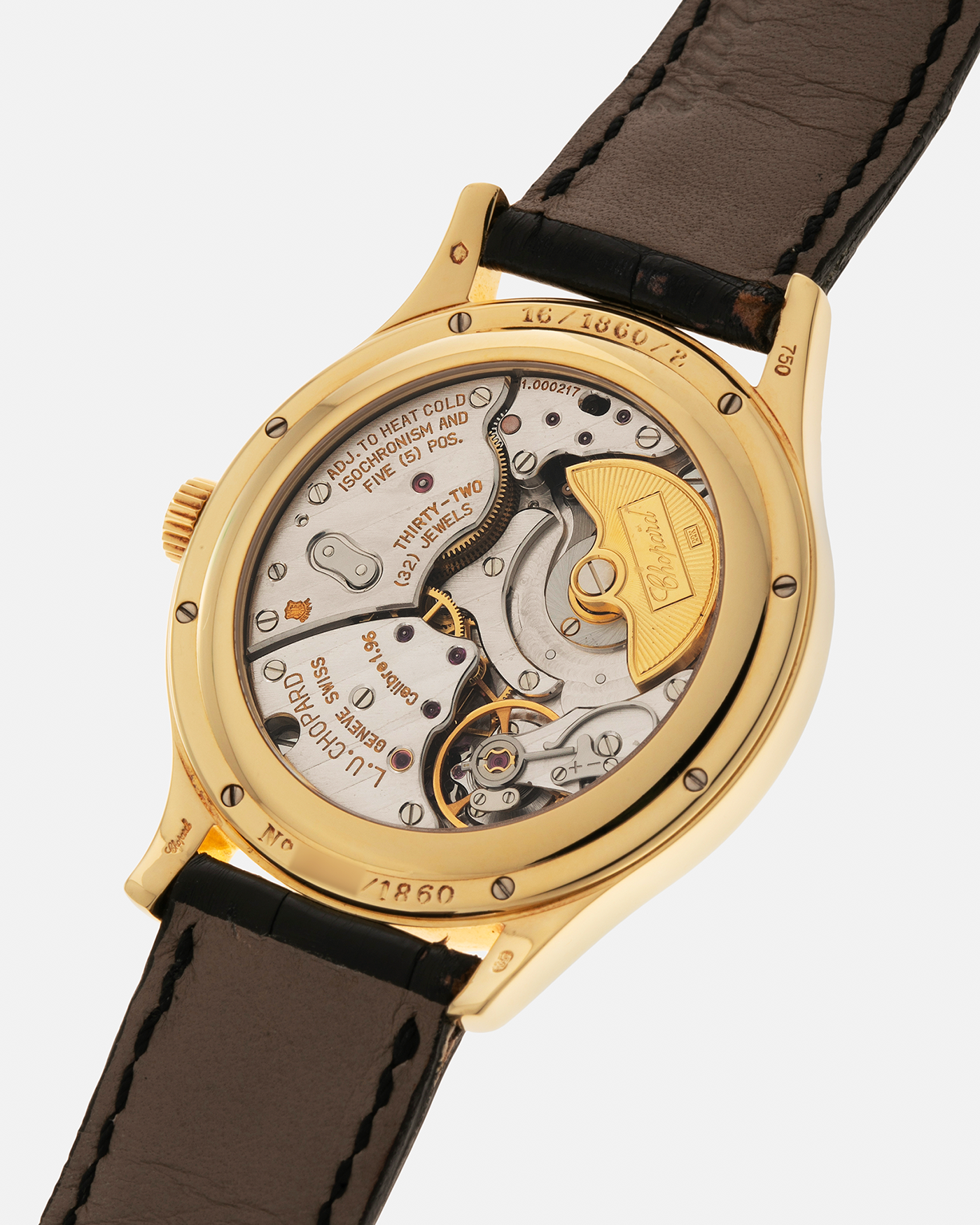 Brand: Chopard L.U.C. Year: 1990s Model: 16/1860/2 ‘Prototype No-Date Black Dial’ Material: 18-carat Yellow Gold Movement: Chopard Cal. 1.96, Self-Winding Micro-Rotor Case Diameter: 37mm Lug Width: 18mm Strap: Chopard Black Alligator Leather Strap with Signed 18-carat Yellow Gold Tang Buckle