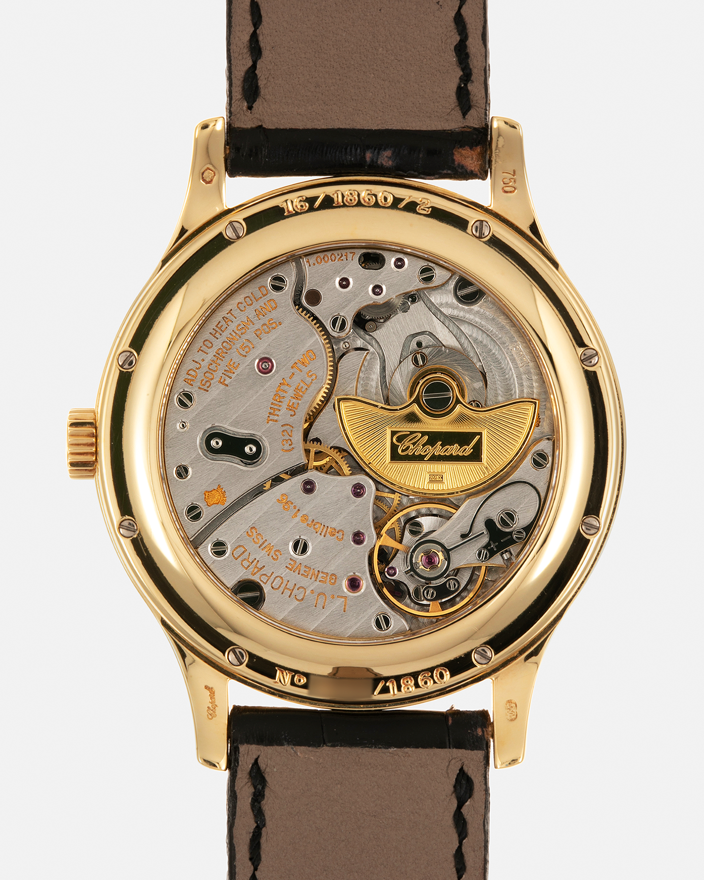 Brand: Chopard L.U.C. Year: 1990s Model: 16/1860/2 ‘Prototype No-Date Black Dial’ Material: 18-carat Yellow Gold Movement: Chopard Cal. 1.96, Self-Winding Micro-Rotor Case Diameter: 37mm Lug Width: 18mm Strap: Chopard Black Alligator Leather Strap with Signed 18-carat Yellow Gold Tang Buckle