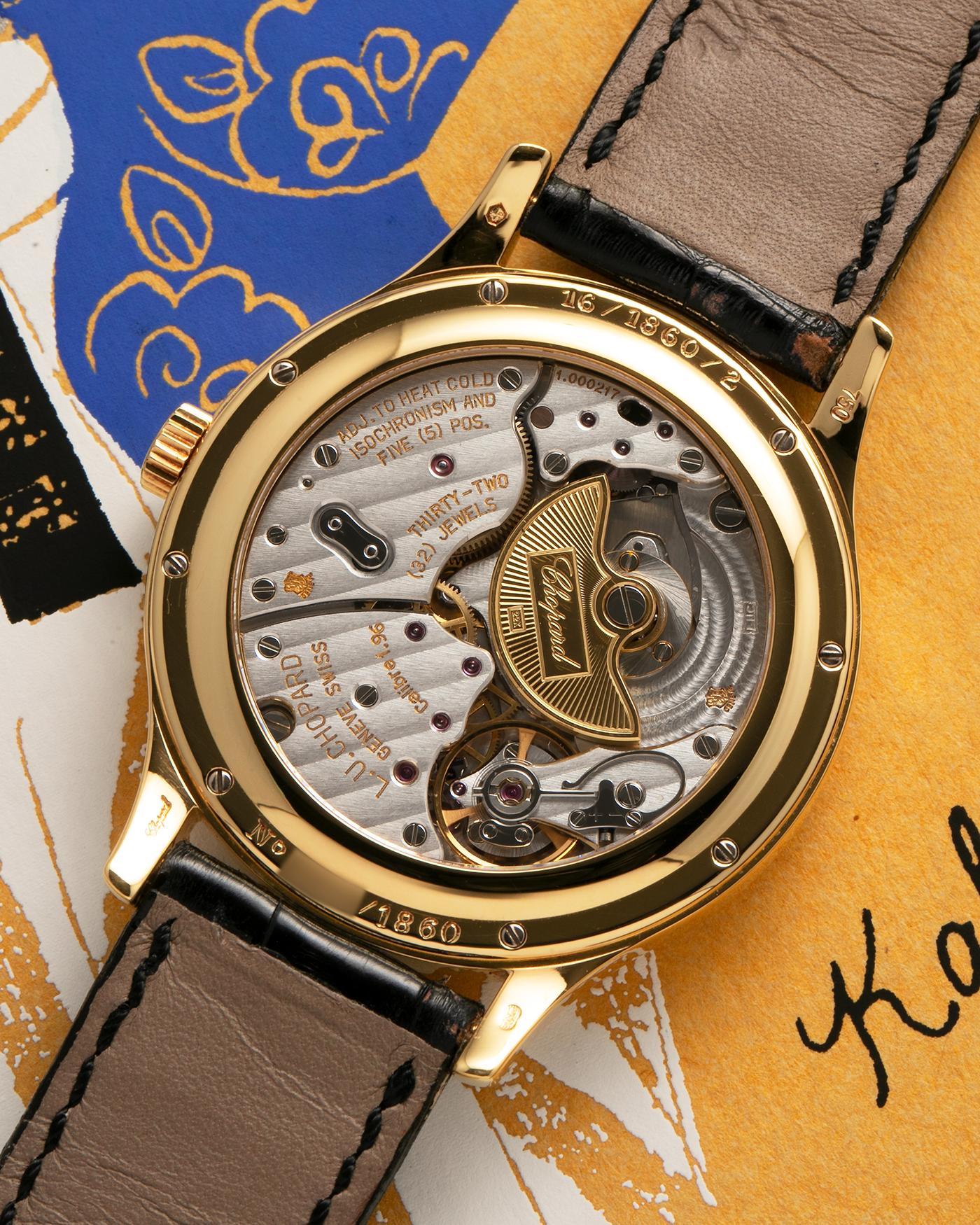 Brand: Chopard L.U.C. Year: 1990s Model: 16/1860/2 ‘Prototype No-Date Black Dial’ Material: 18-carat Yellow Gold Movement: Chopard Cal. 1.96, Self-Winding Micro-Rotor Case Diameter: 37mm Lug Width: 18mm Strap: Chopard Black Alligator Leather Strap with Signed 18-carat Yellow Gold Tang Buckle