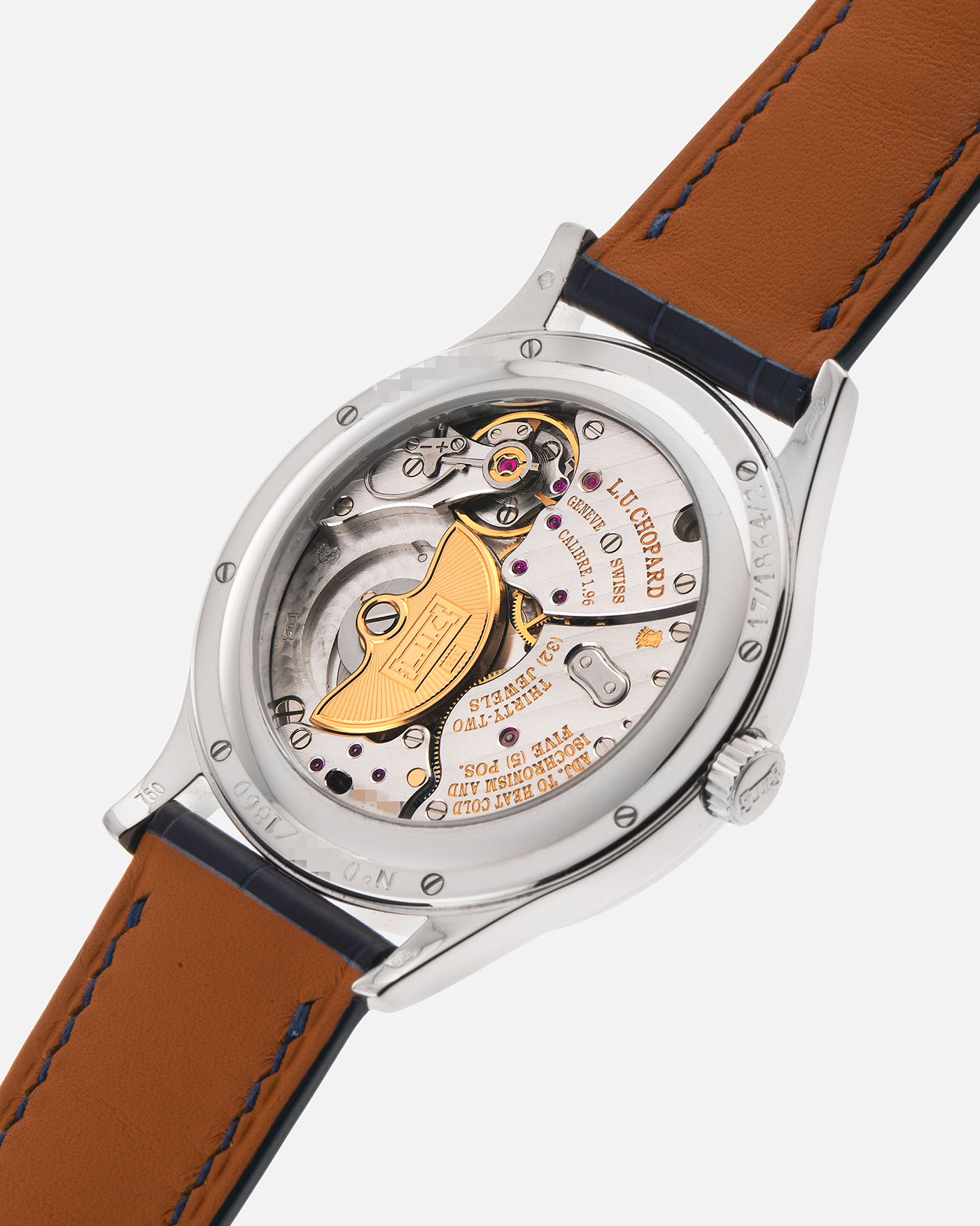 Brand: Chopard L.U.C.
Year: 2000’s
Model: 16/1864/2 Based Off 16/1860/2
Material: 18-carat White Gold Case, Factory-Set Baguette Diamond Bezel and Dial
Movement: Chopard Cal. 1.96, Self-Winding Micro-Rotor
Case Dimensions: 37mm Diameter 8.5mm Thickness
Lug Width: 18mm
Strap: Custom Order Blue Alligator Leather Strap with 18k White Gold Chopard Tang Buckle