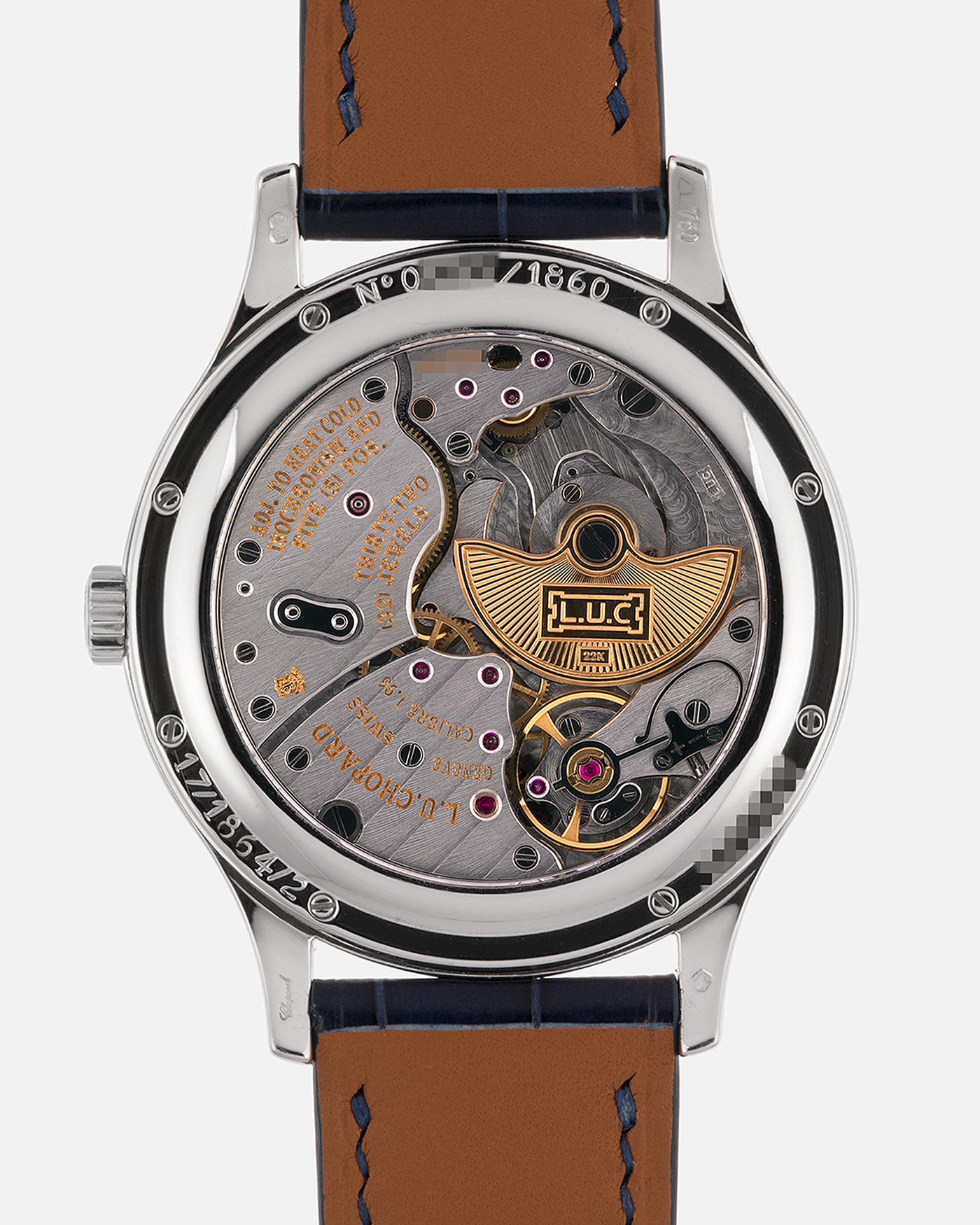 Brand: Chopard L.U.C.
Year: 2000’s
Model: 16/1864/2 Based Off 16/1860/2
Material: 18-carat White Gold Case, Factory-Set Baguette Diamond Bezel and Dial
Movement: Chopard Cal. 1.96, Self-Winding Micro-Rotor
Case Dimensions: 37mm Diameter 8.5mm Thickness
Lug Width: 18mm
Strap: Custom Order Blue Alligator Leather Strap with 18k White Gold Chopard Tang Buckle