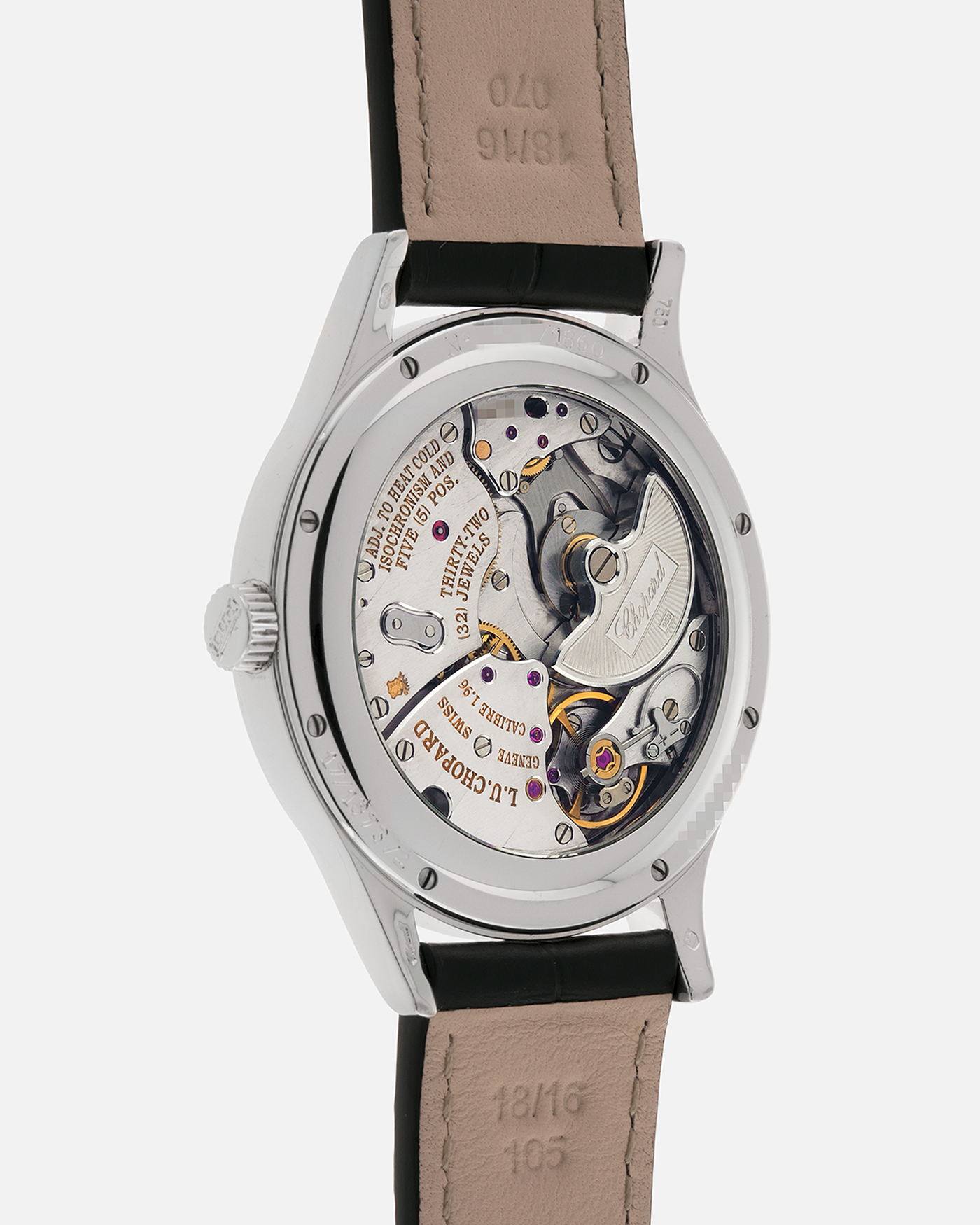 Brand: Chopard L.U.C.
Year: 2000’s
Model: 17/1873/2 Based Off 16/1860/2
Material: 18-carat White Gold Case, Factory-Set Diamond Bezel and Dial
Movement: Chopard Cal. 1.96, Self-Winding Micro-Rotor
Case Dimensions: 37mm Diameter 8.5mm Thickness
Lug Width: 18mm
Strap: Chopard Black Alligator Strap with 18k White Gold Chopard Tang Buckle