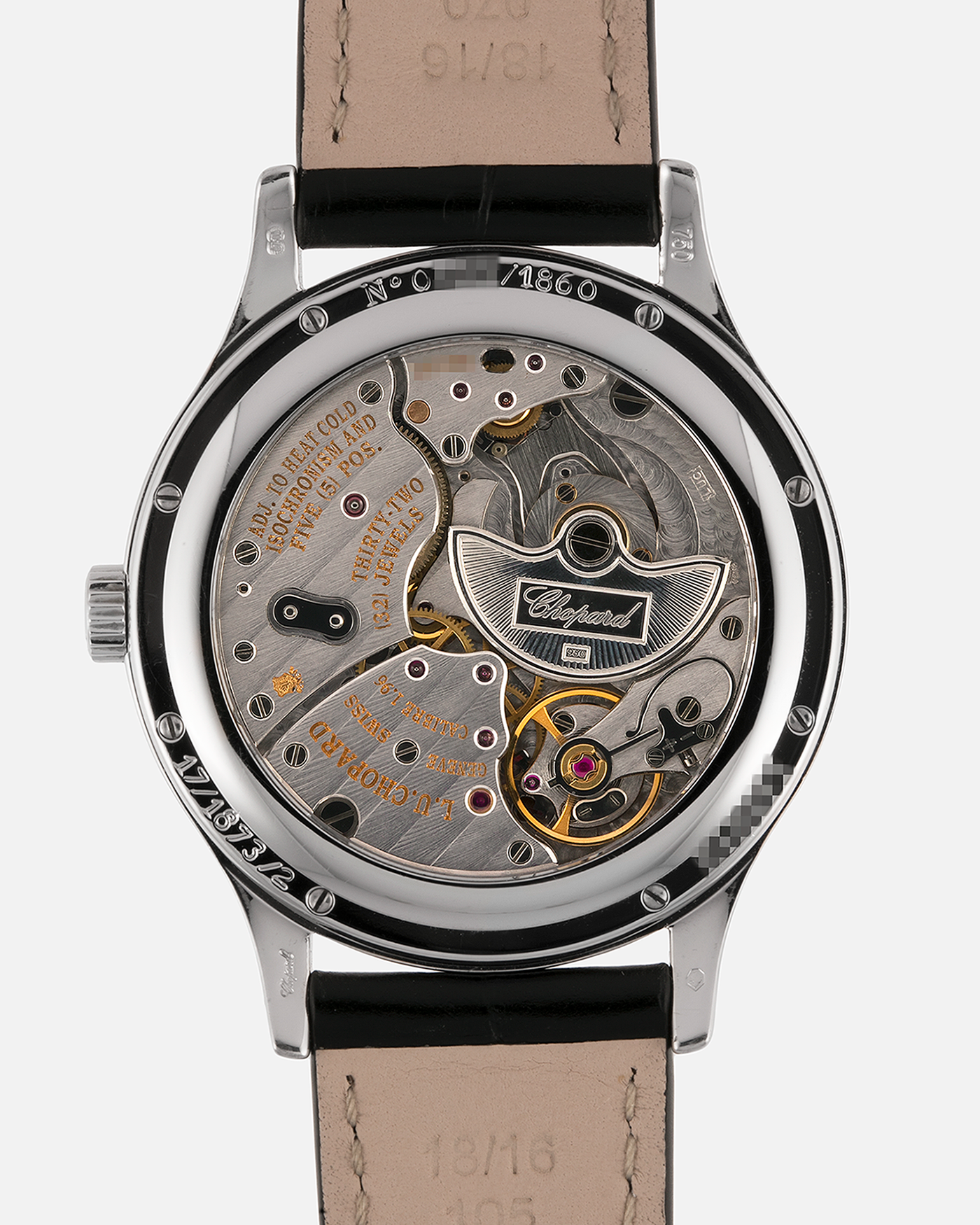 Brand: Chopard L.U.C.
Year: 2000’s
Model: 17/1873/2 Based Off 16/1860/2
Material: 18-carat White Gold Case, Factory-Set Diamond Bezel and Dial
Movement: Chopard Cal. 1.96, Self-Winding Micro-Rotor
Case Dimensions: 37mm Diameter 8.5mm Thickness
Lug Width: 18mm
Strap: Chopard Black Alligator Strap with 18k White Gold Chopard Tang Buckle