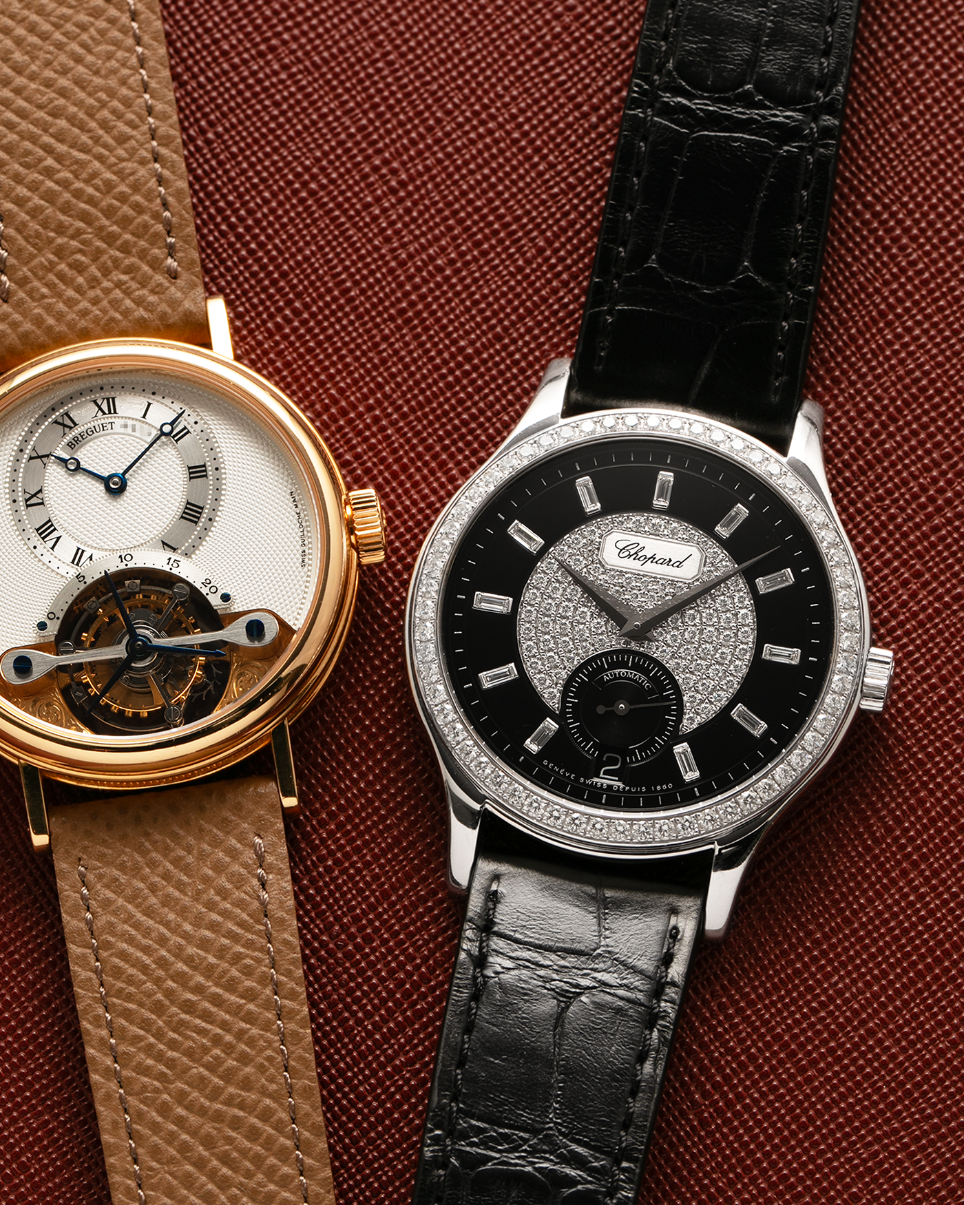 Brand: Chopard L.U.C.
Year: 2000’s
Model: 17/1873/2 Based Off 16/1860/2
Material: 18-carat White Gold Case, Factory-Set Diamond Bezel and Dial
Movement: Chopard Cal. 1.96, Self-Winding Micro-Rotor
Case Dimensions: 37mm Diameter 8.5mm Thickness
Lug Width: 18mm
Strap: Chopard Black Alligator Strap with 18k White Gold Chopard Tang Buckle