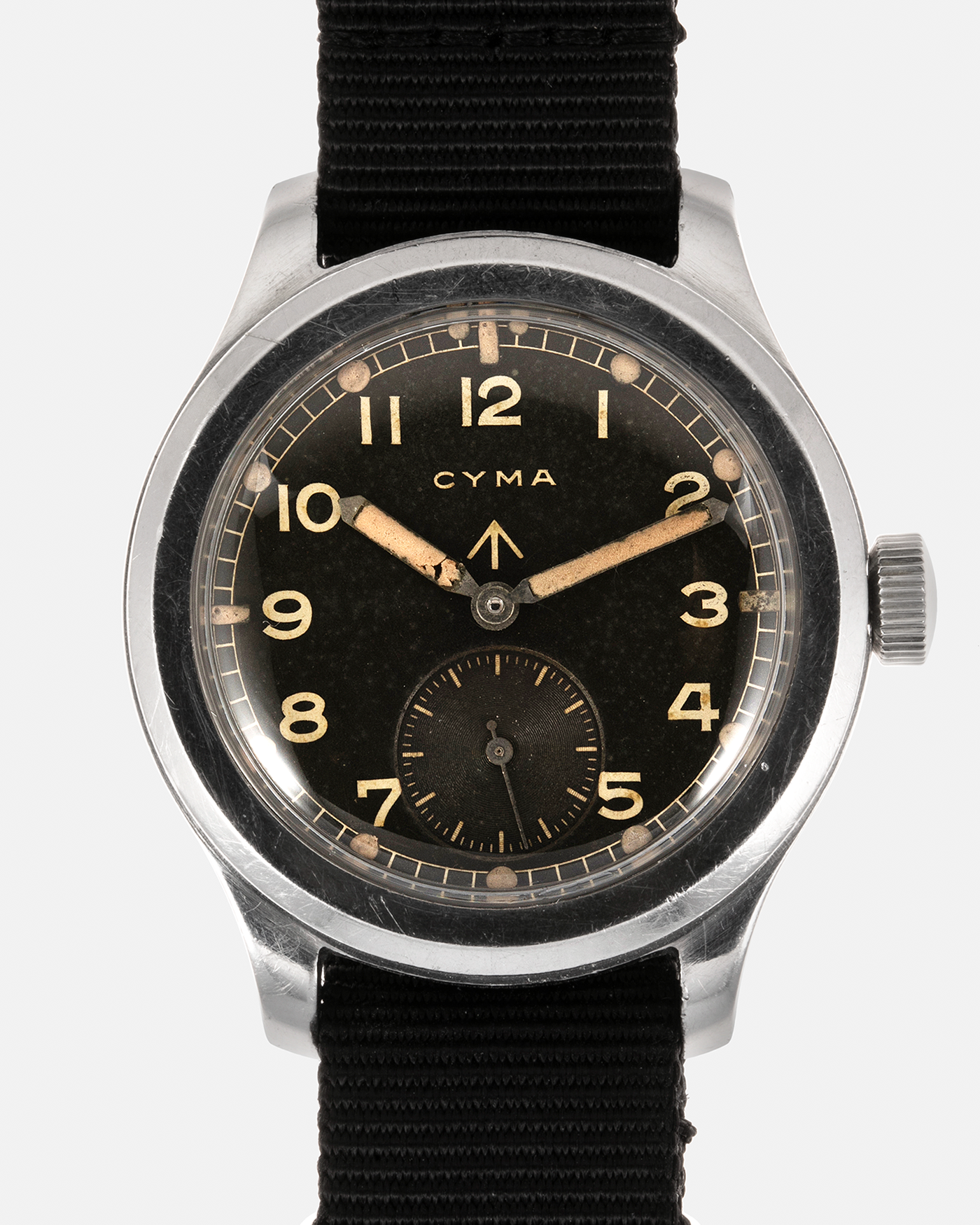 Brand: Cyma Year: 1940s Model: W.W.W. (Watch, Wristlet, Waterproof) Material: Stainless Steel Movement: Cyma Cal. 234, Manual-Winding Case Diameter: 38mm Lug Width: 18mm Strap: Generic Black Fabric NATO strap