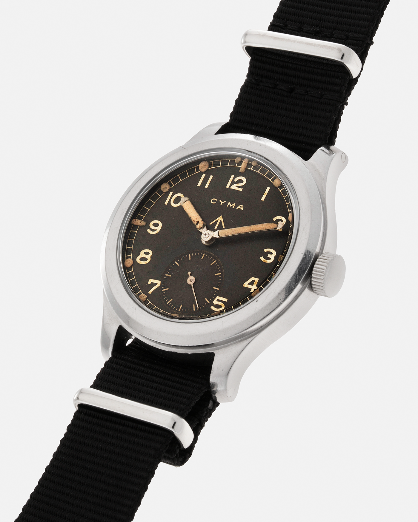 Brand: Cyma Year: 1940s Model: W.W.W. (Watch, Wristlet, Waterproof) Material: Stainless Steel Movement: Cyma Cal. 234, Manual-Winding Case Diameter: 38mm Lug Width: 18mm Strap: Generic Black Fabric NATO strap