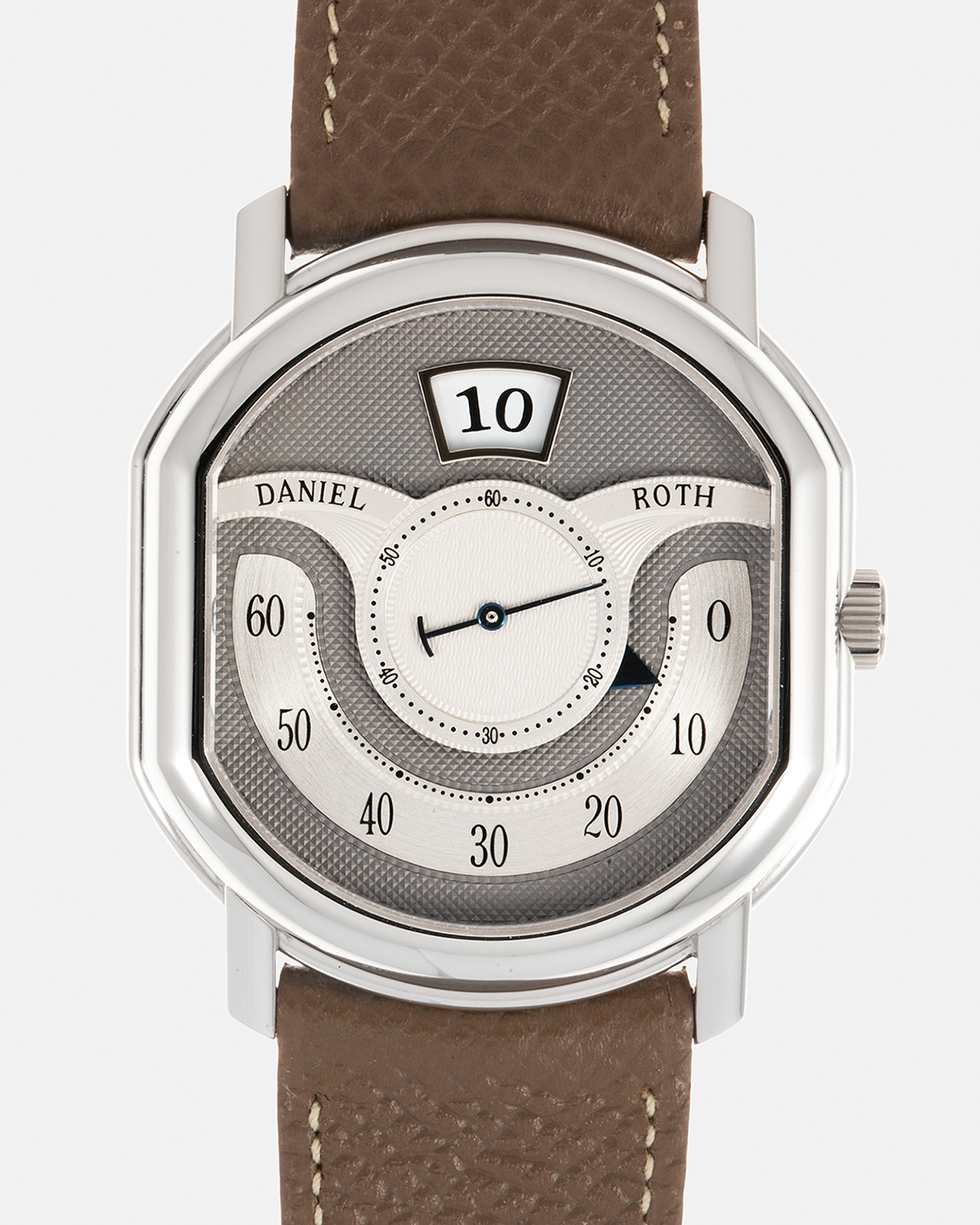 Brand: Daniel Roth Year: 1999 Model: 10th Anniversary Papillon, Limited Edition of 30 pieces in Platinum Material: Platinum Movement: Daniel Roth Cal. DR113, Self-Winding Case Dimensions: 35mm x 41mm x 11mm Strap: Nostime Taupe Textured Calf Strap with Platinum Tang Buckle, additional Daniel Roth Black Alligator Strap