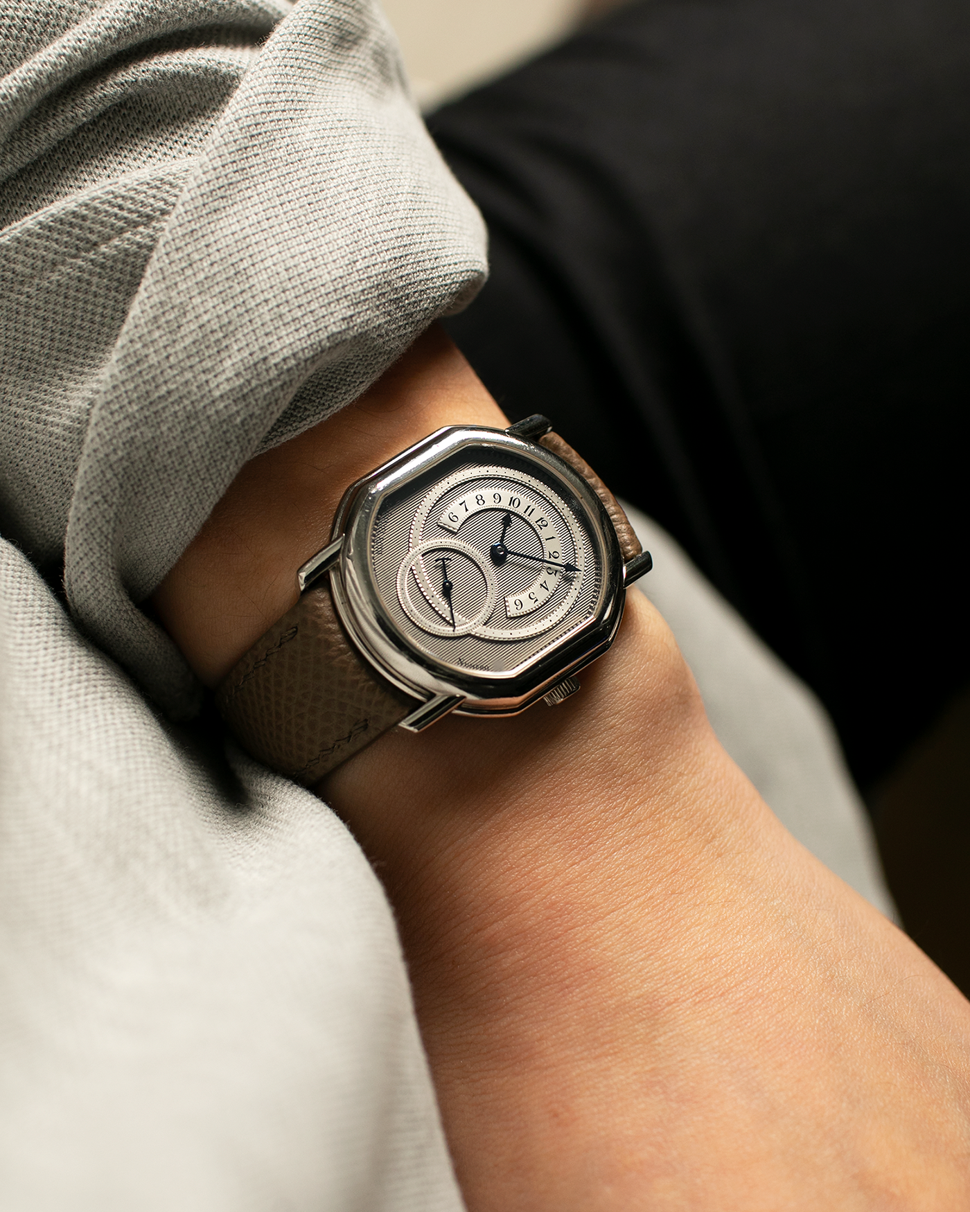 Brand: Daniel Roth Year: 1990’s Model: 2127 Retrograde Material: Platinum 950 Movement: Lemania Cal. 27LN Retrograde, Manual-Winding Case Dimensions: 35mm x 38mm Lug Width: 20mm Strap: Nostime Taupe Grained Calf Leather Strap with Signed Platinum 950 Tang Buckle