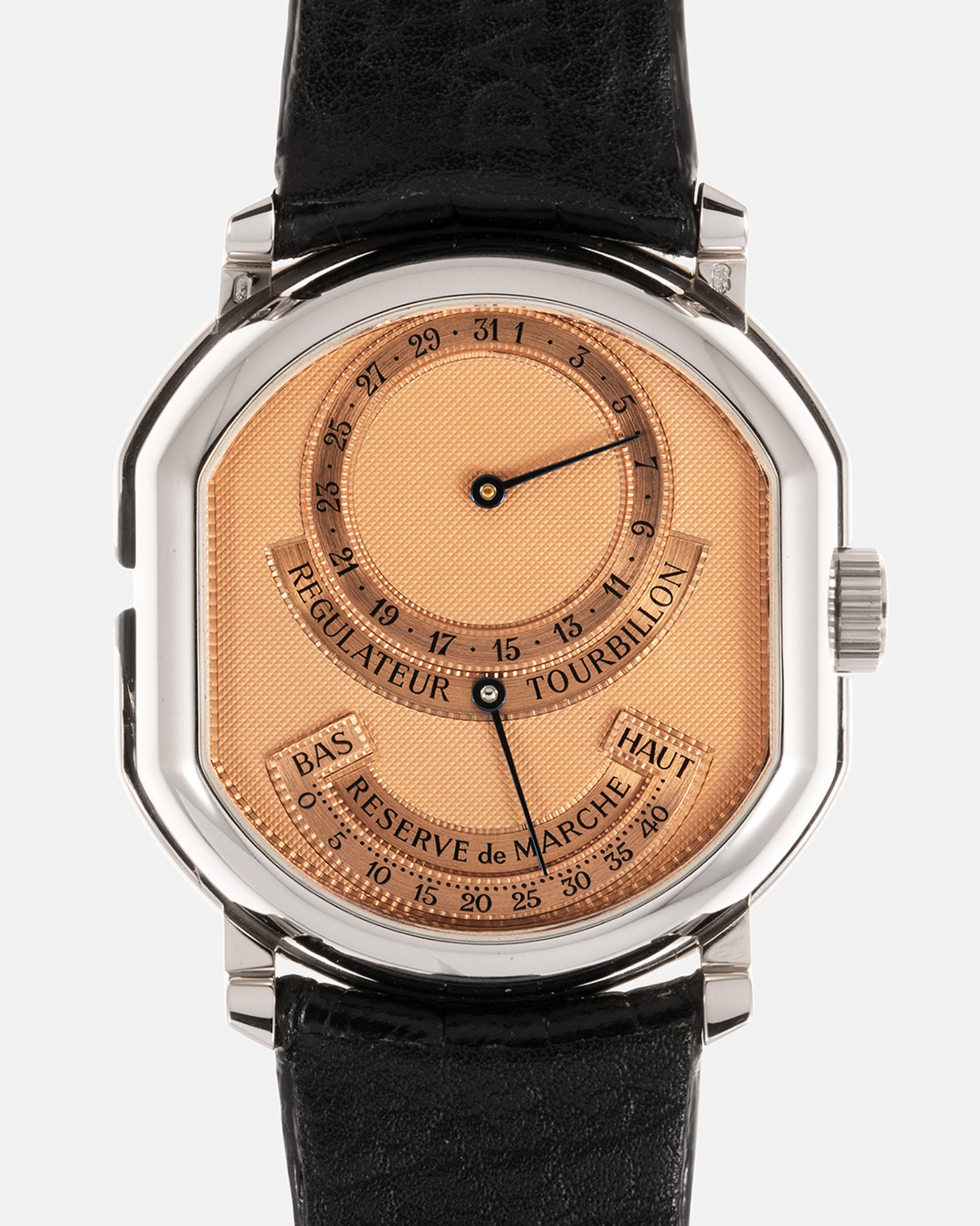 Brand: Daniel Roth Year: 1990’s Model: 2187 Tourbillon (Possibly Piece Unique) Material: 18-Carat White Gold  Movement: Cal. DR 307 One-Minute Tourbillon Regulator, Manual-Winding  Case Diameter: 35mm x 38mm Strap: Daniel Roth Black Alligator Leather with Signed 180carat White Gold Tang Buckle