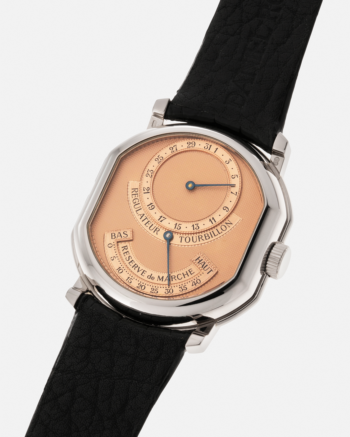 Brand: Daniel Roth Year: 1990’s Model: 2187 Tourbillon (Possibly Piece Unique) Material: 18-Carat White Gold  Movement: Cal. DR 307 One-Minute Tourbillon Regulator, Manual-Winding  Case Diameter: 35mm x 38mm Strap: Daniel Roth Black Alligator Leather with Signed 180carat White Gold Tang Buckle