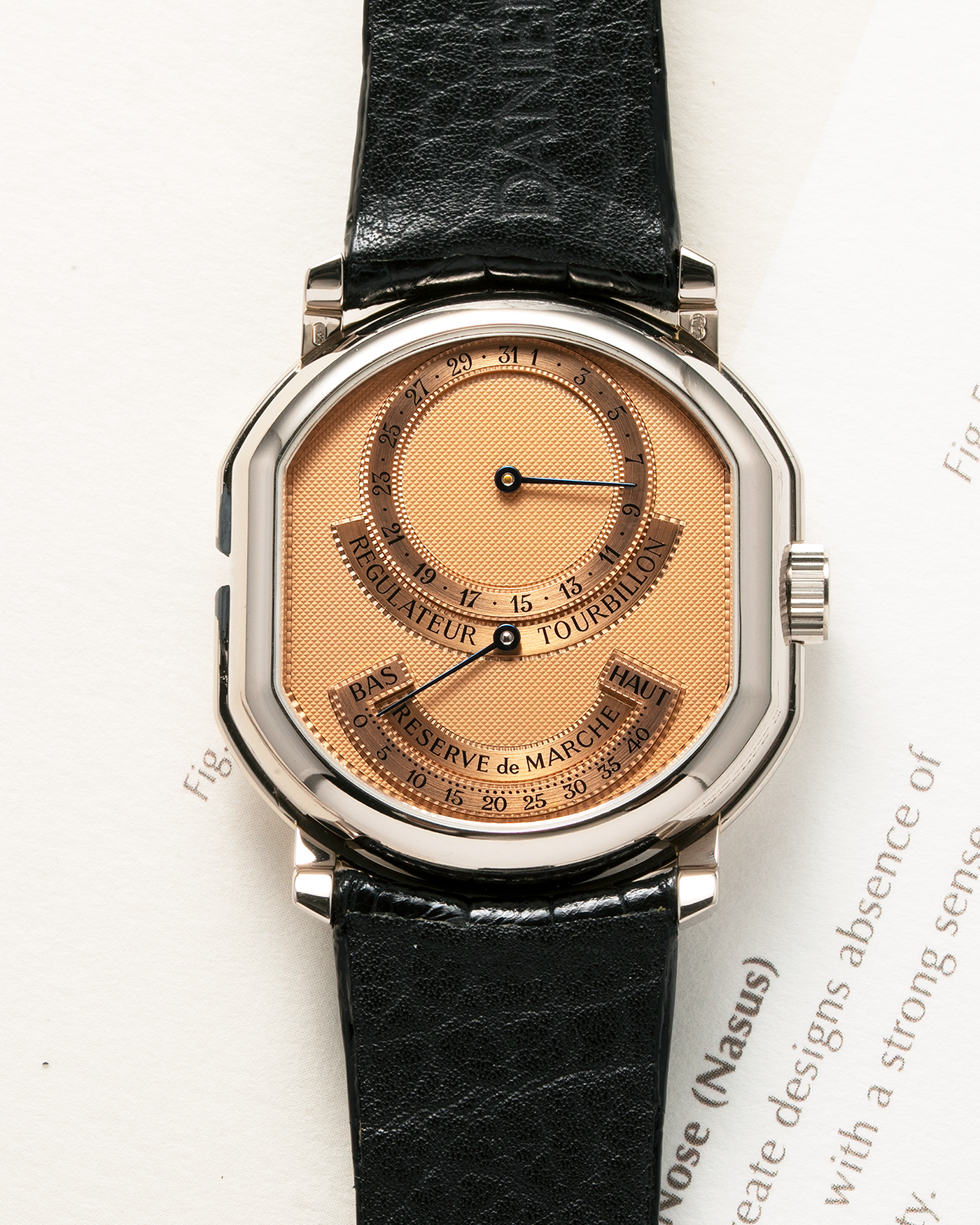 Brand: Daniel Roth Year: 1990’s Model: 2187 Tourbillon (Possibly Piece Unique) Material: 18-Carat White Gold  Movement: Cal. DR 307 One-Minute Tourbillon Regulator, Manual-Winding  Case Diameter: 35mm x 38mm Strap: Daniel Roth Black Alligator Leather with Signed 180carat White Gold Tang Buckle